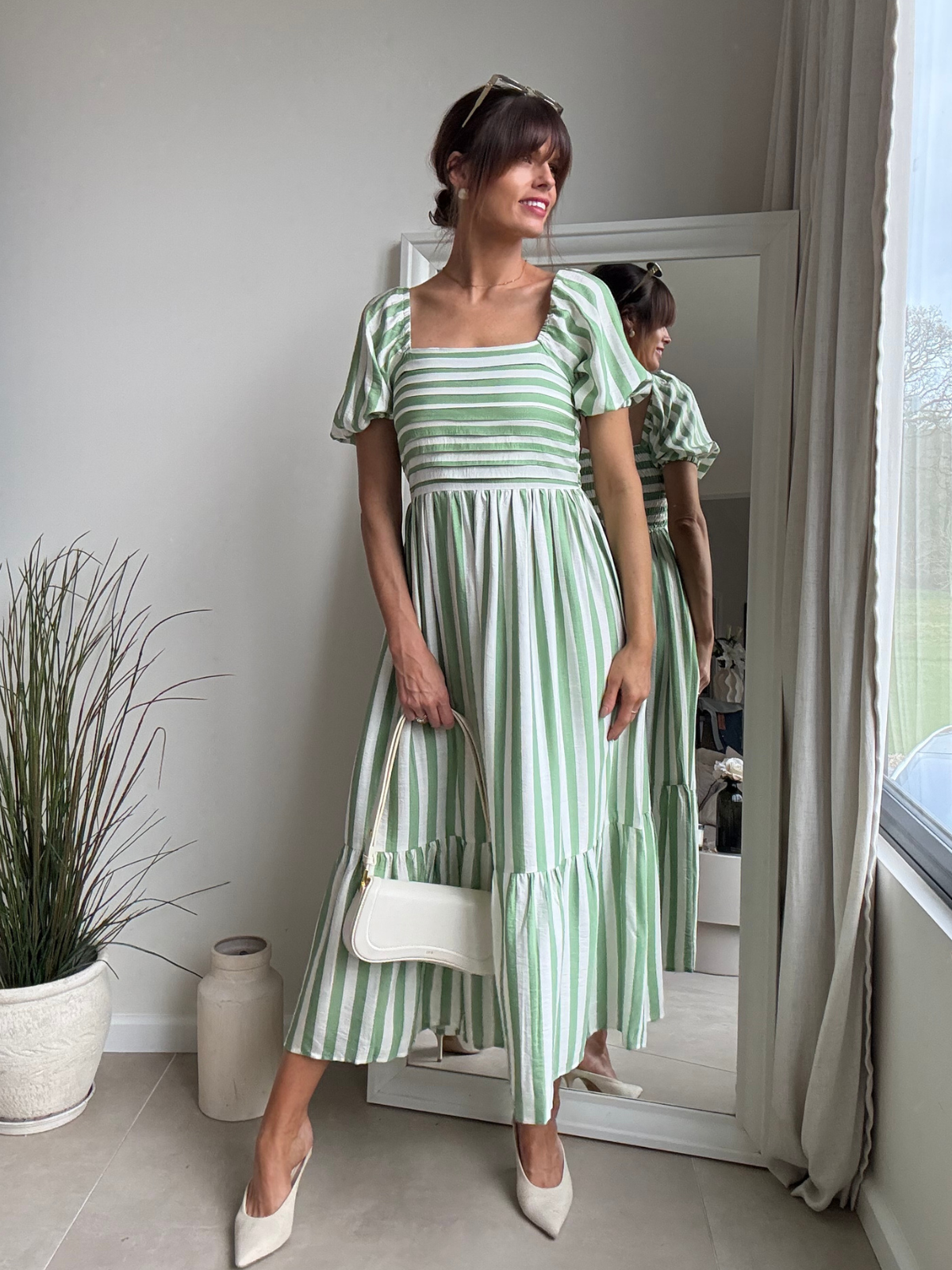 Leighton Puff Sleeve Midi Dress in Green Stripe