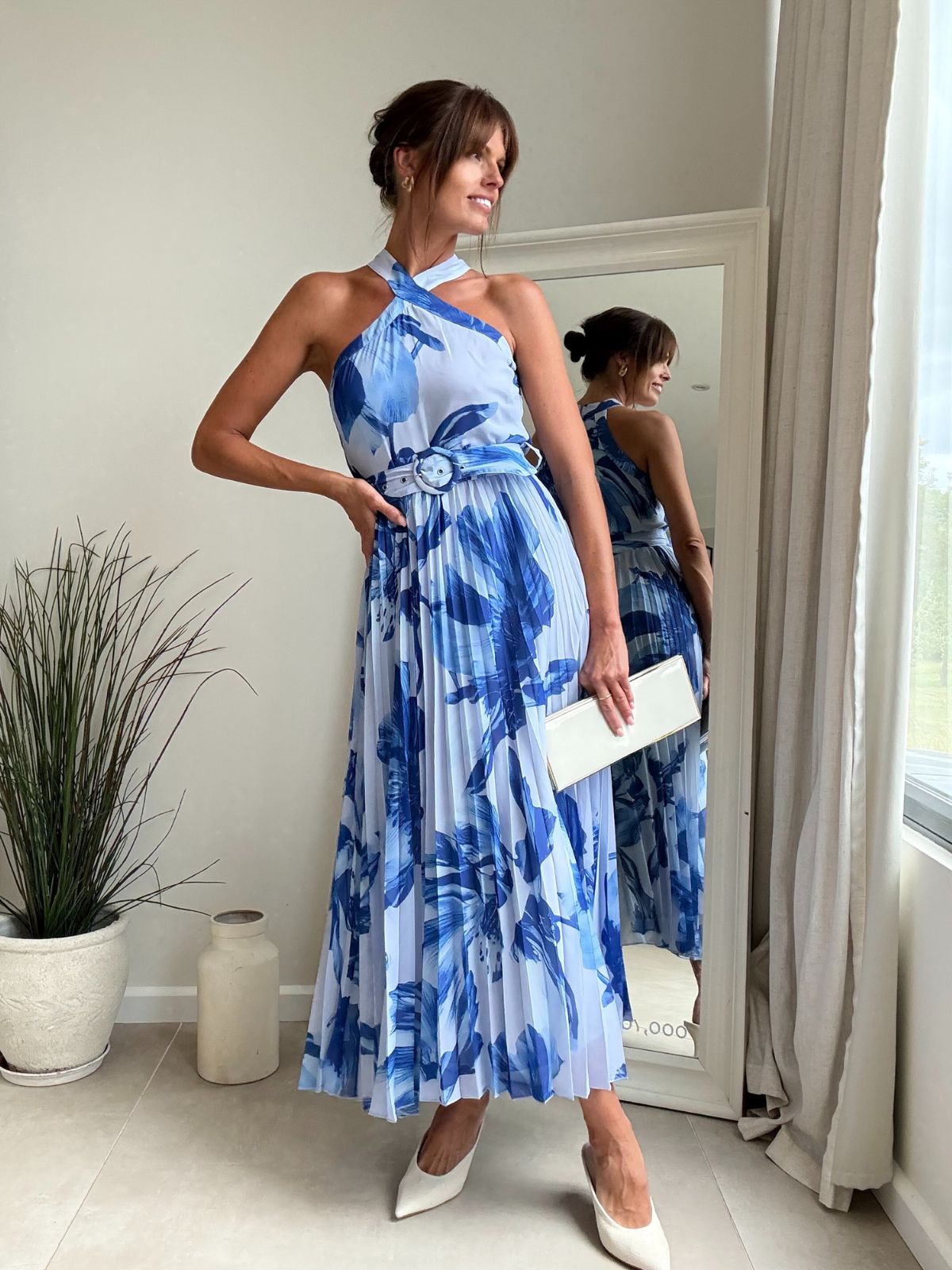 Paige Halter Pleated Belted Dress / Blue Floral