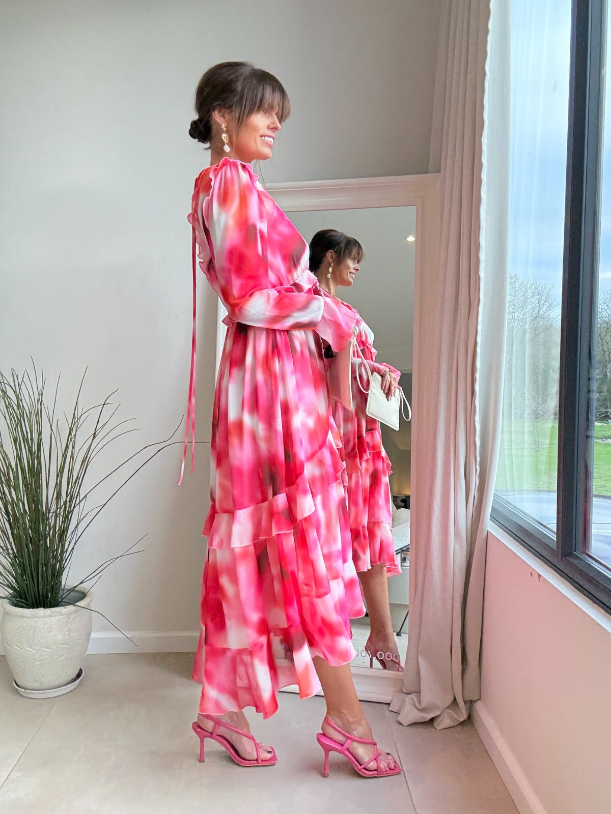 Birdie Frill Tie Back Dress / Pink Abstract