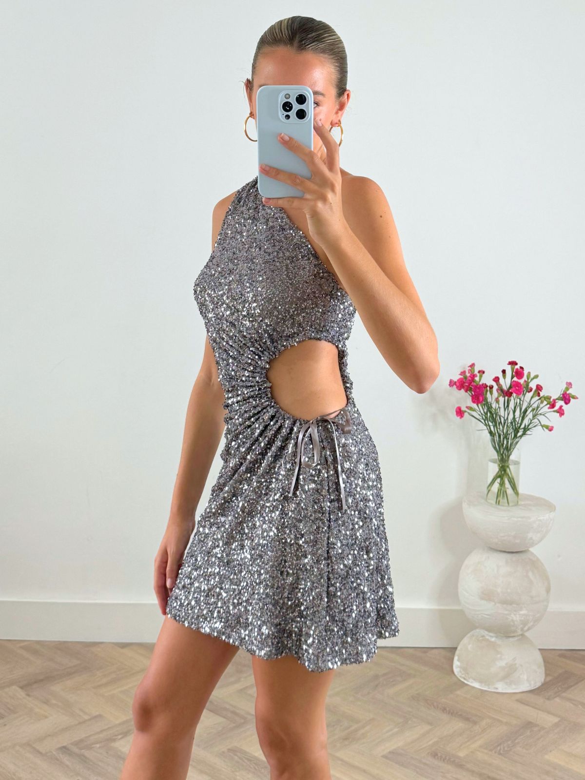 Ayla One Shoulder Mini Dress / Silver Sequin