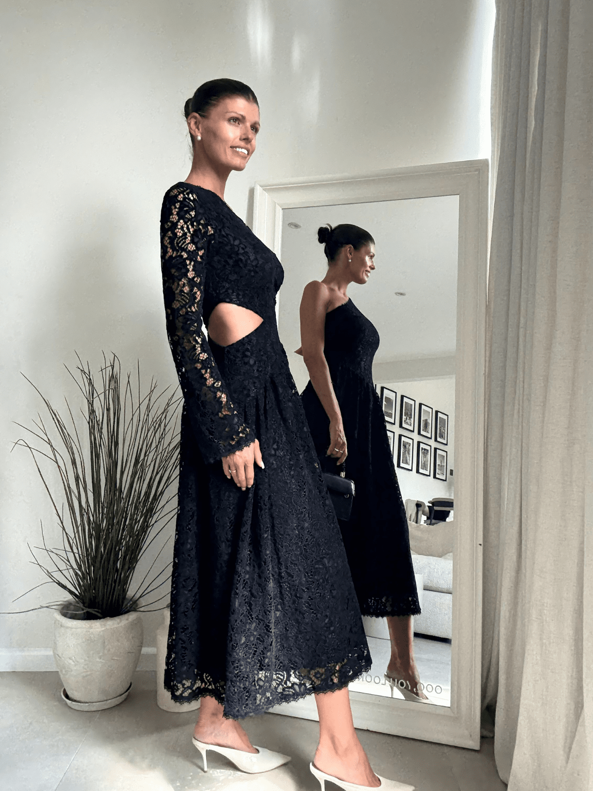 Jasmine Cut Out One Shoulder Dress in Black Lace – Style Cheat