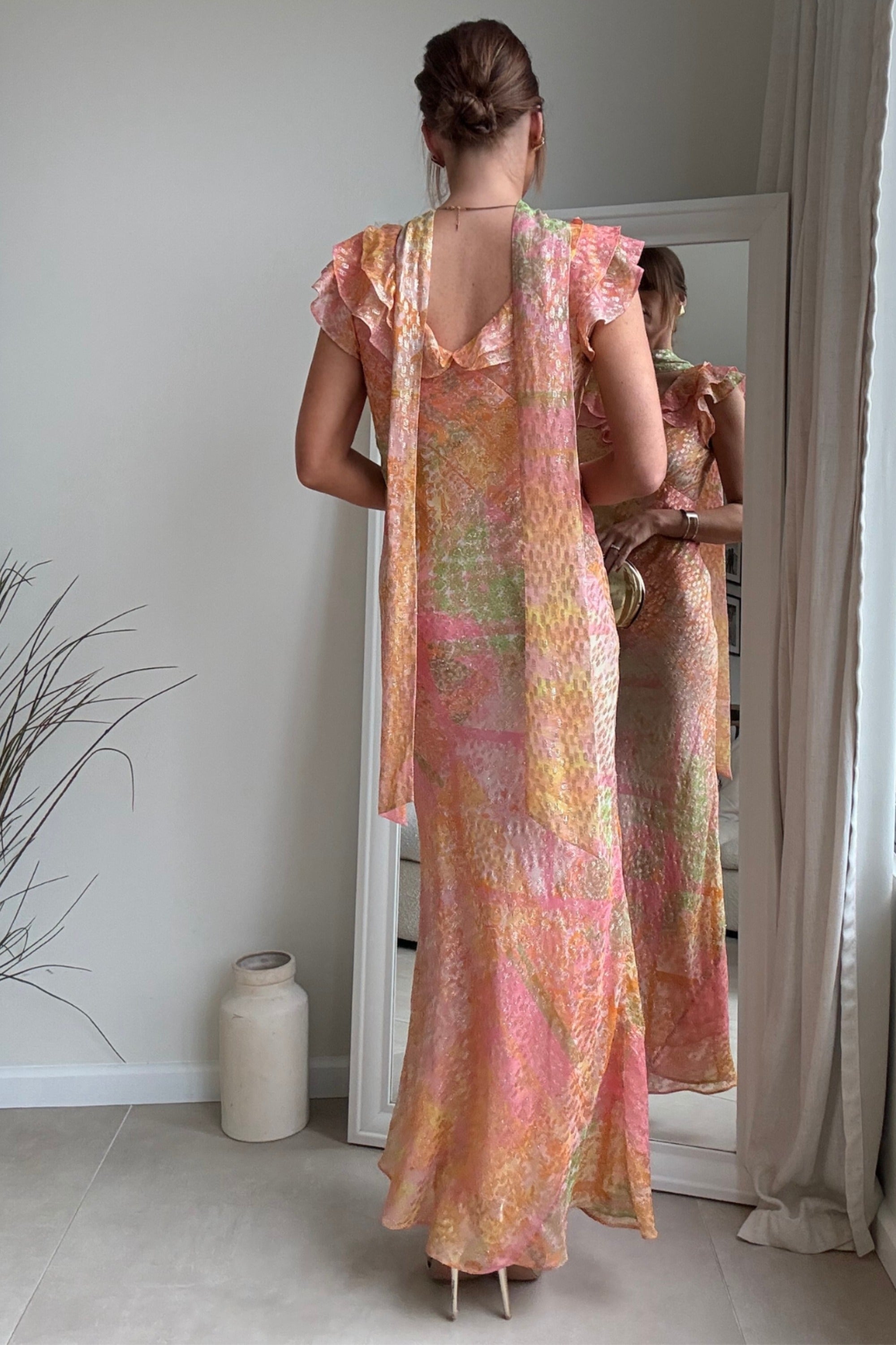 Ruffle Lurex Maxi Dress in Coral - Style Cheat