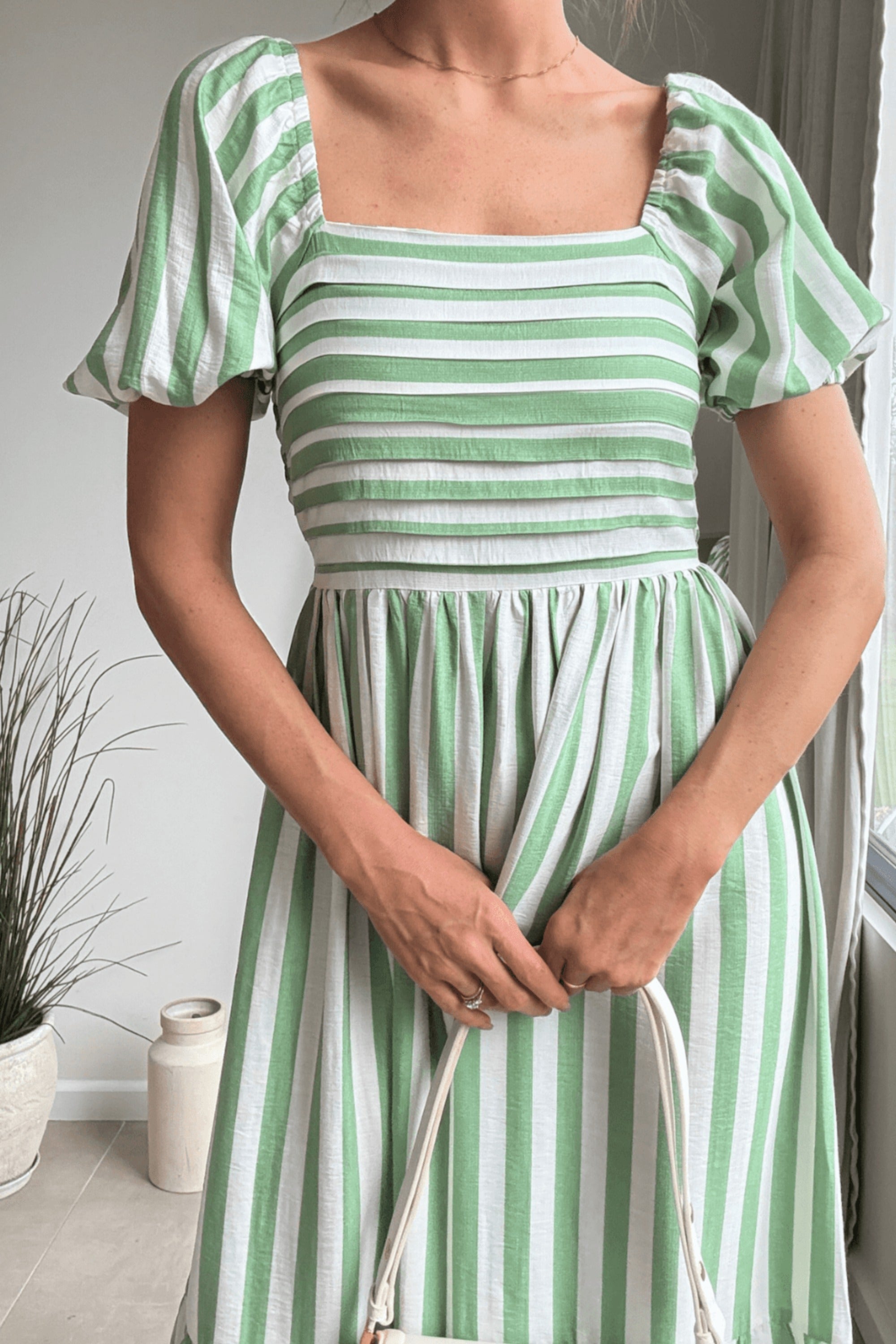 Leighton Puff Sleeve Midi Dress in Green Stripe - Style Cheat