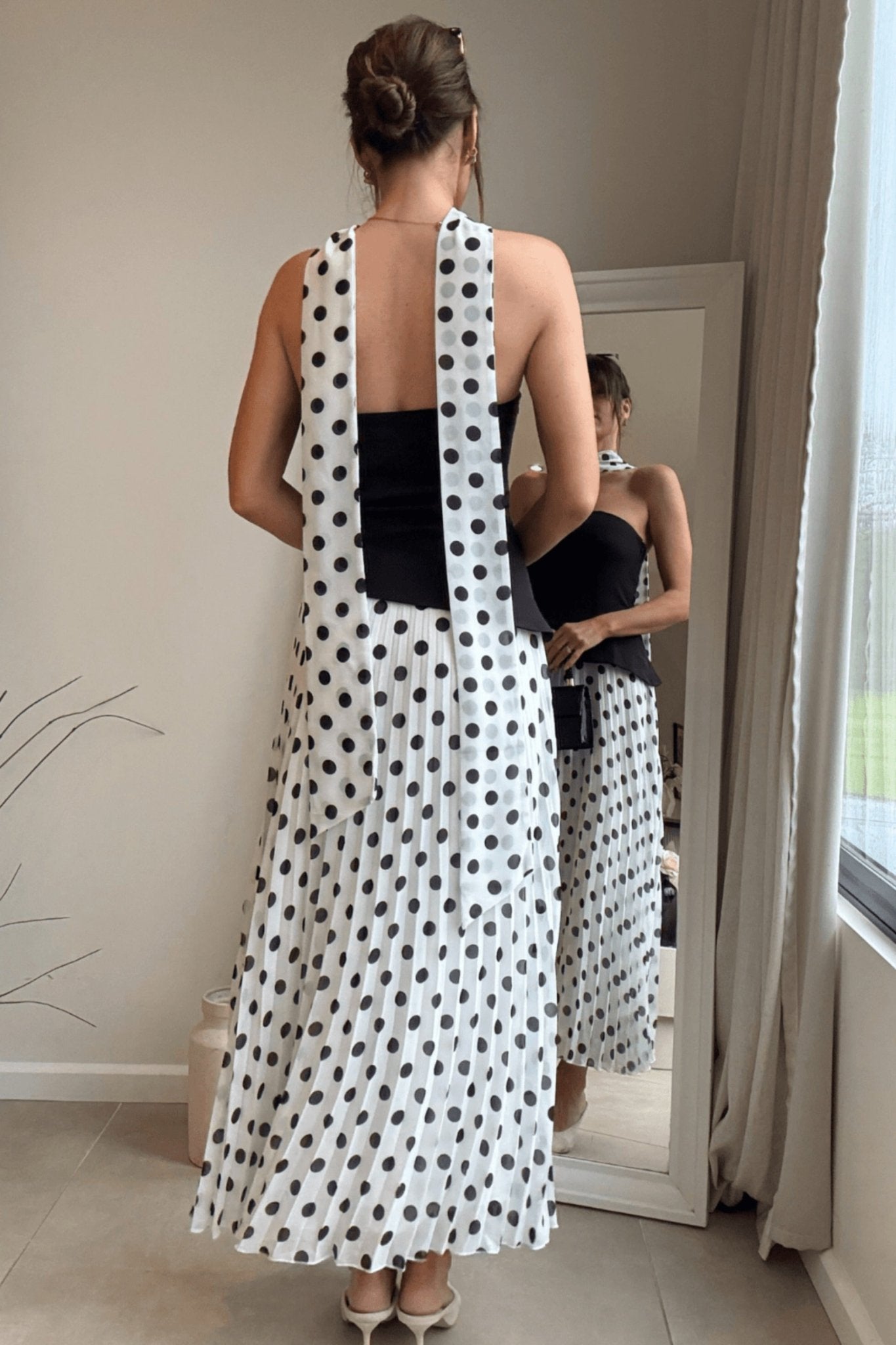 Viola Scarf Bandeau Pleat Dress in Mono Polka Dot - Style Cheat