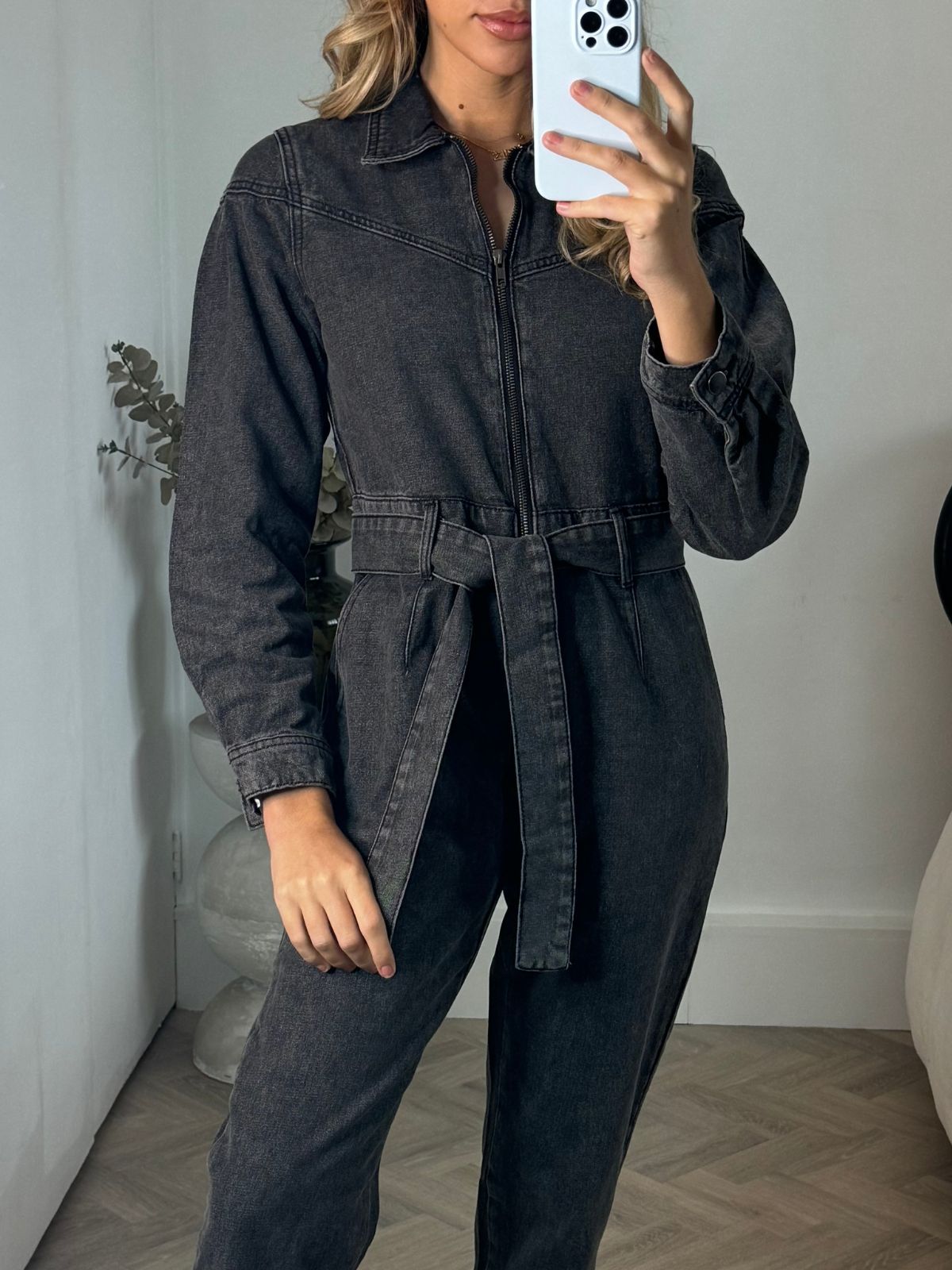 Black Denim Jumpsuit | Enya Jumpsuit in Washed Black