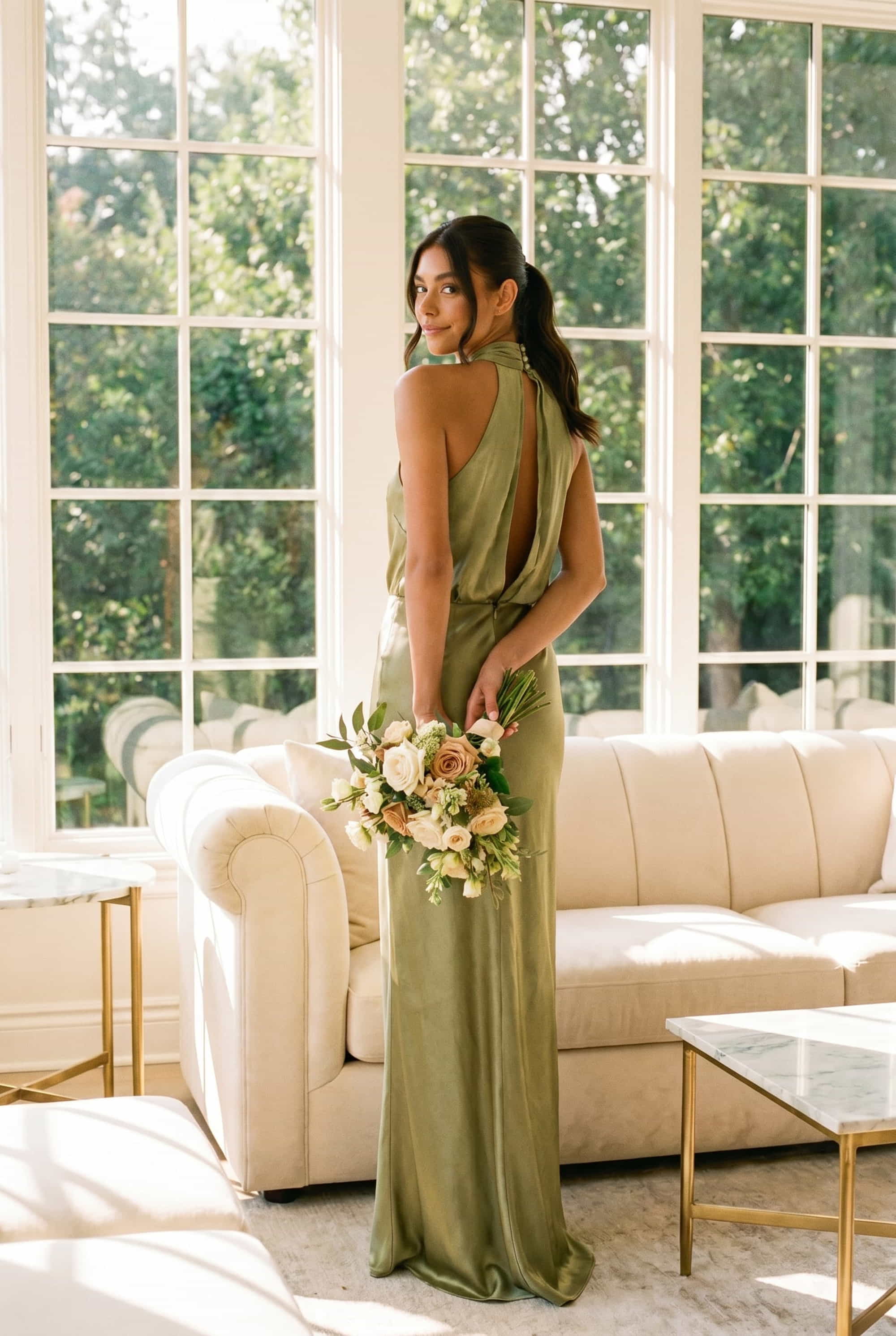 Twist Neck Satin Maxi Dress / Olive Green
