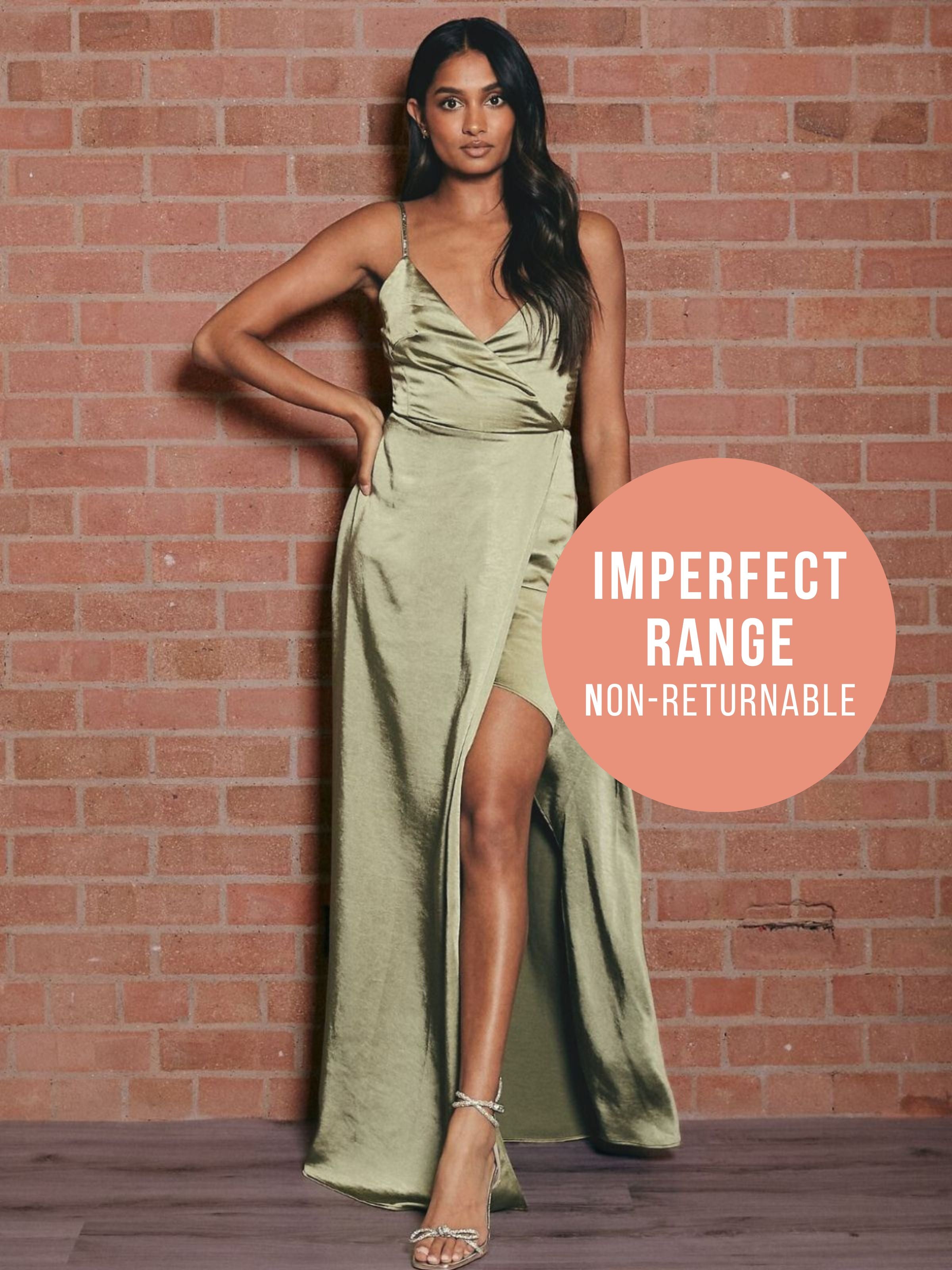 IMPERFECT Diamante Strap Maxi Satin Dress / Olive Green