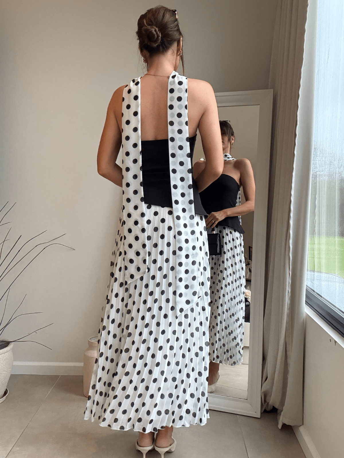 Madelaine Mono Polka-Dot Pleat Dress