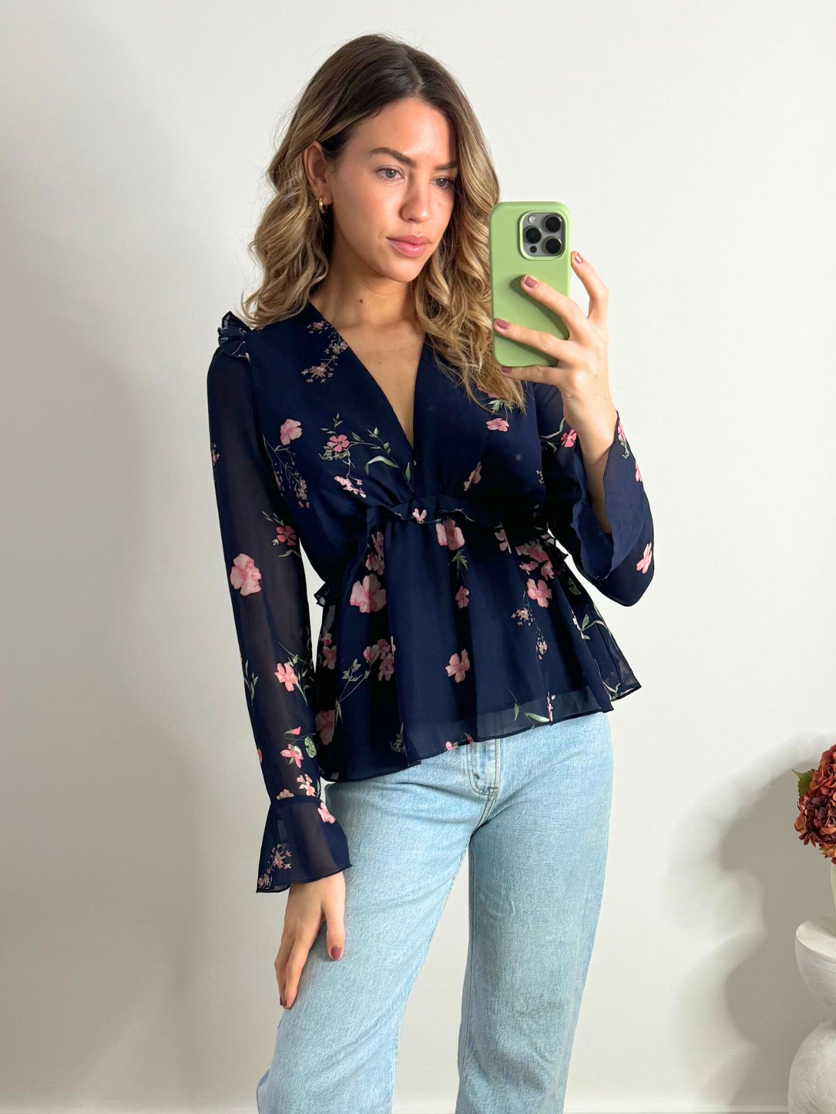 Edith Frill Blouse in Navy Floral