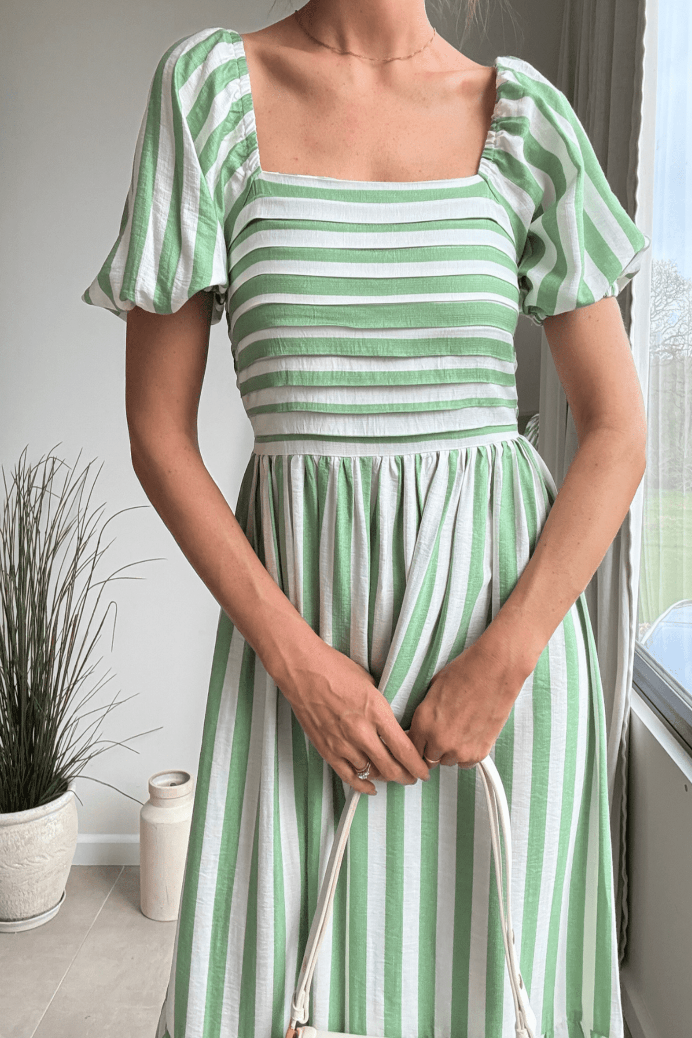 Leighton Puff Sleeve Midi Dress in Green Stripe - Style Cheat