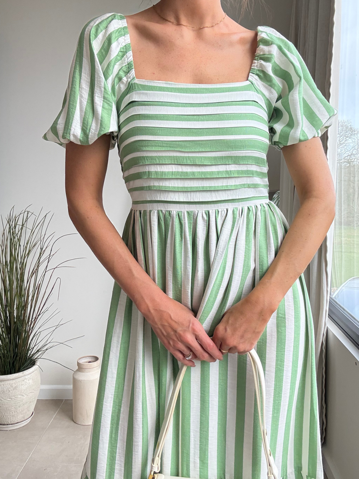 Leighton Puff Sleeve Midi Dress in Green Stripe