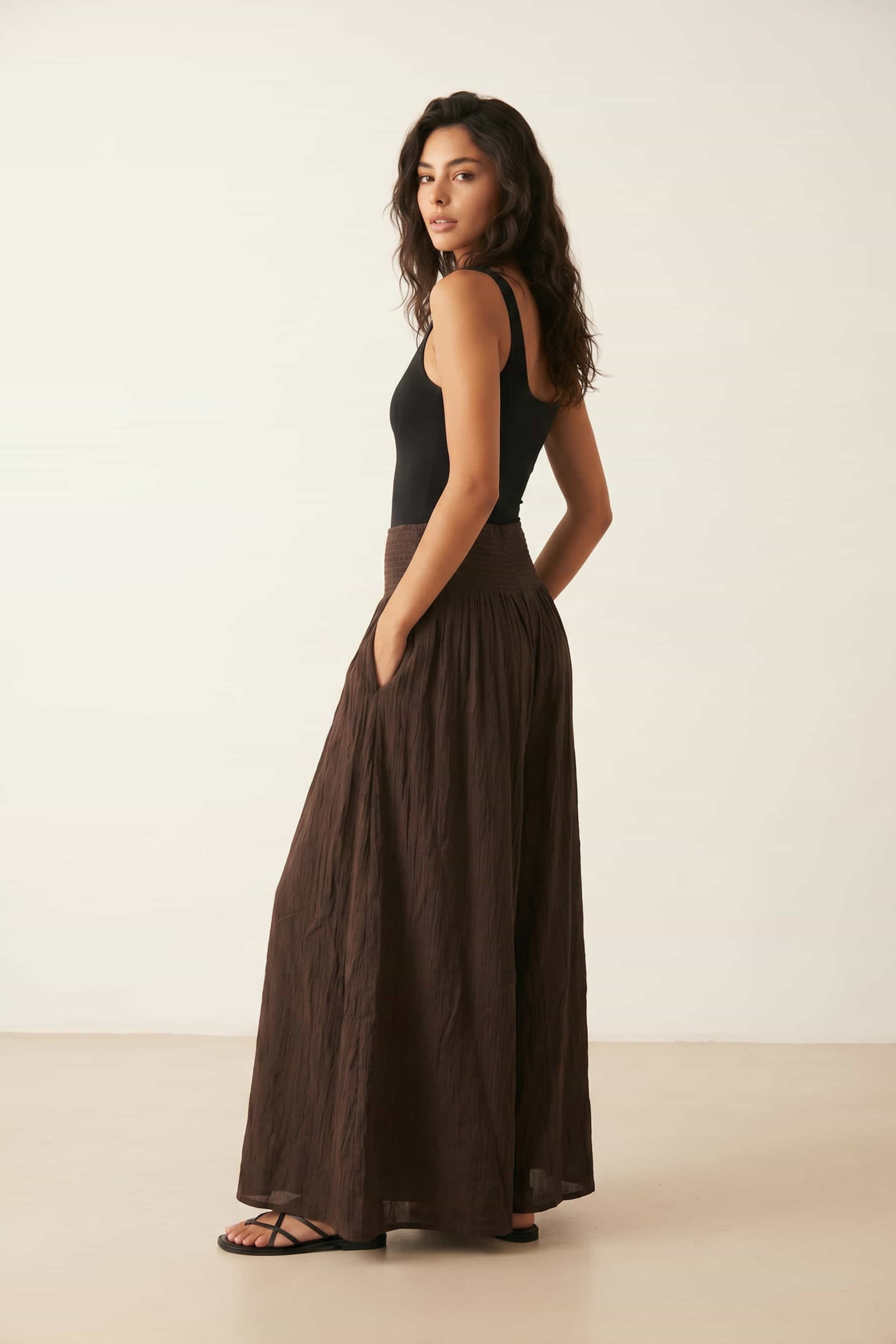 Brown Shirred Plain Trouser