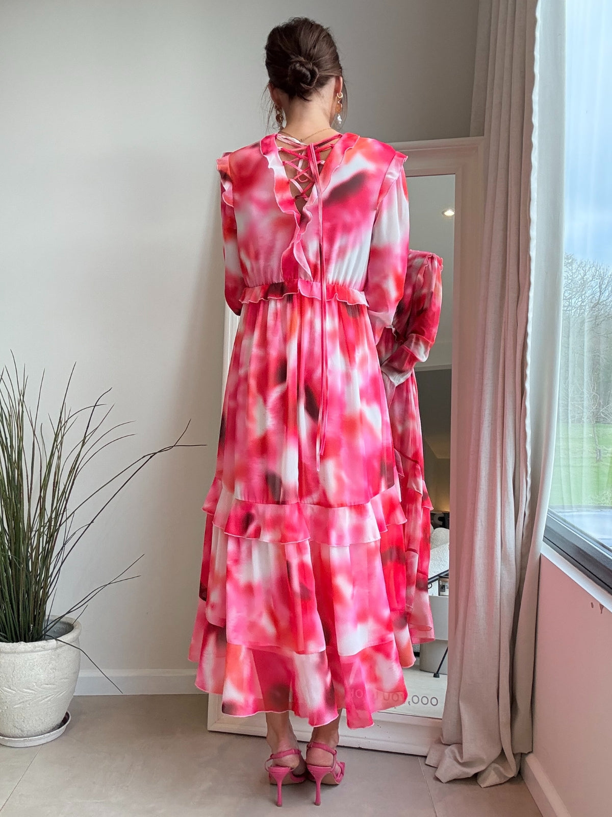 Birdie Frill Tie Back Dress / Pink Abstract