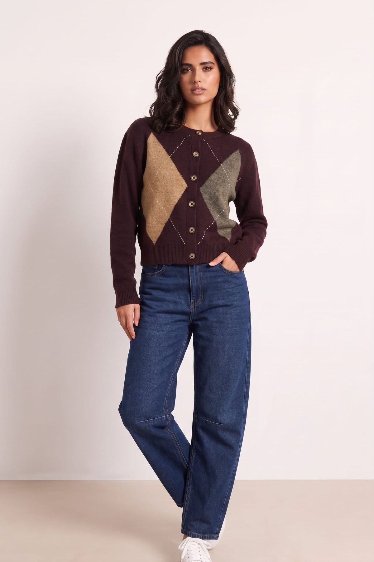 Dark Plum Argyle Knit Cardigan