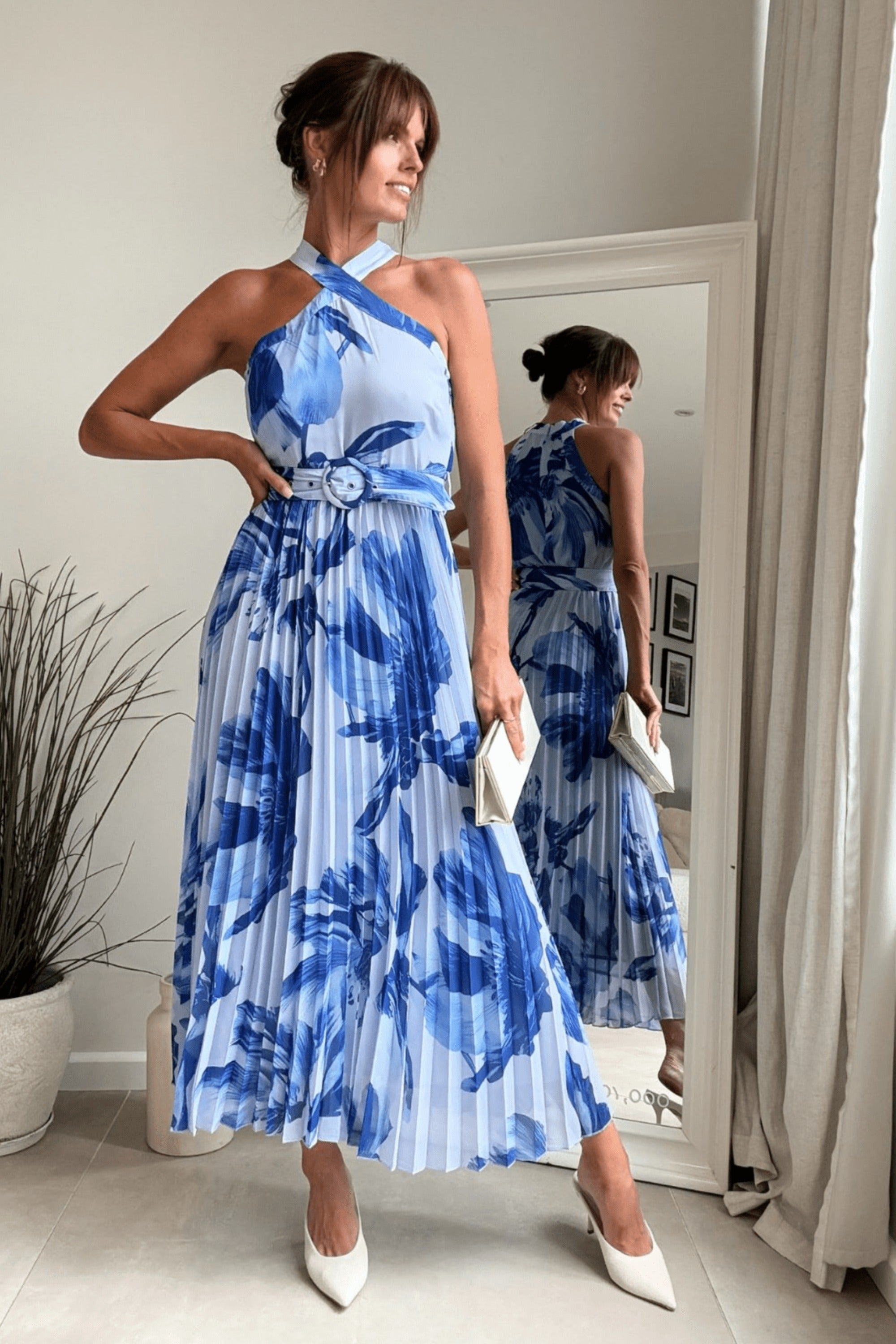Paige Halter Pleated Belted Dress / Blue Floral - Style Cheat