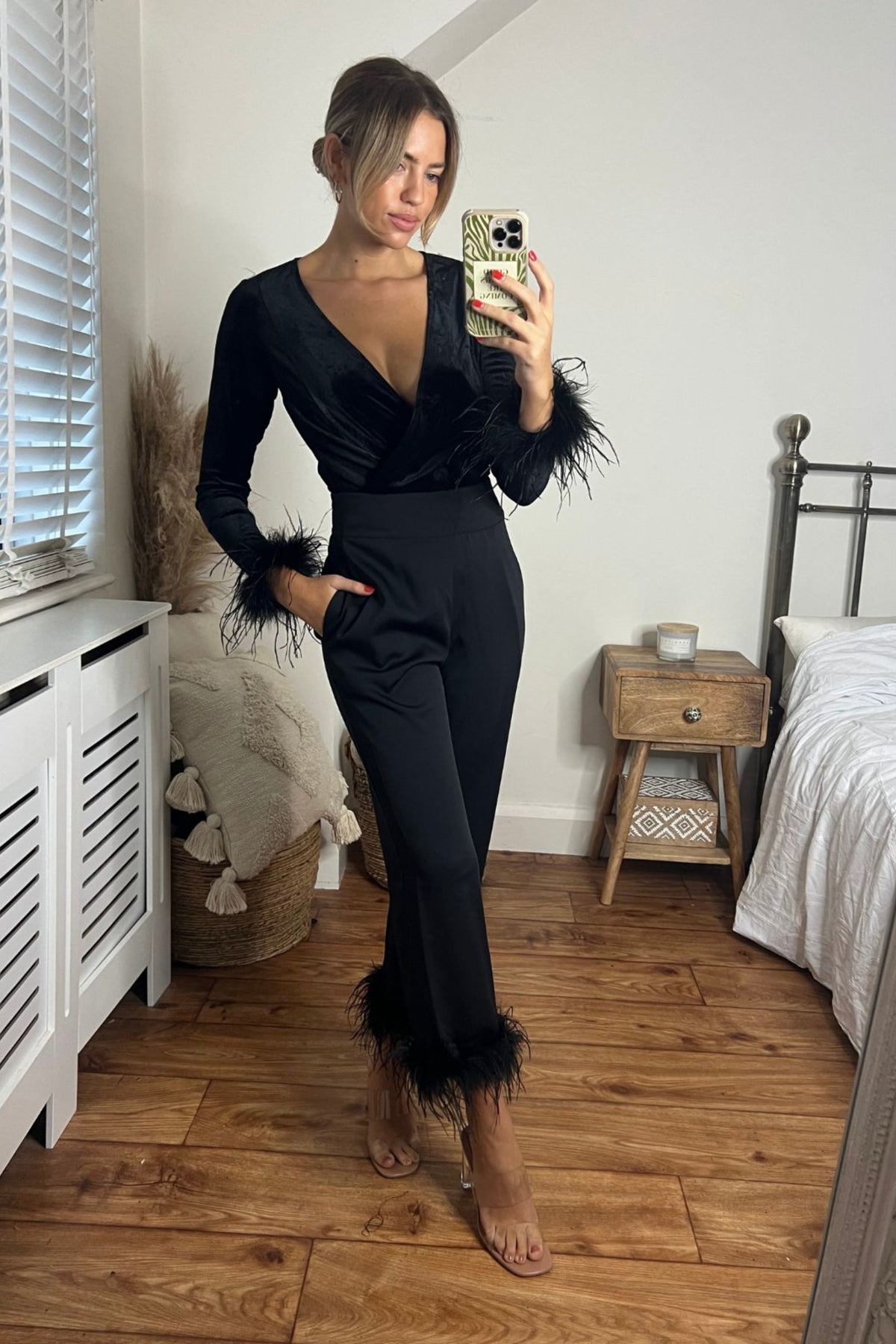 Annabelle Feather Trim Trouser in Black