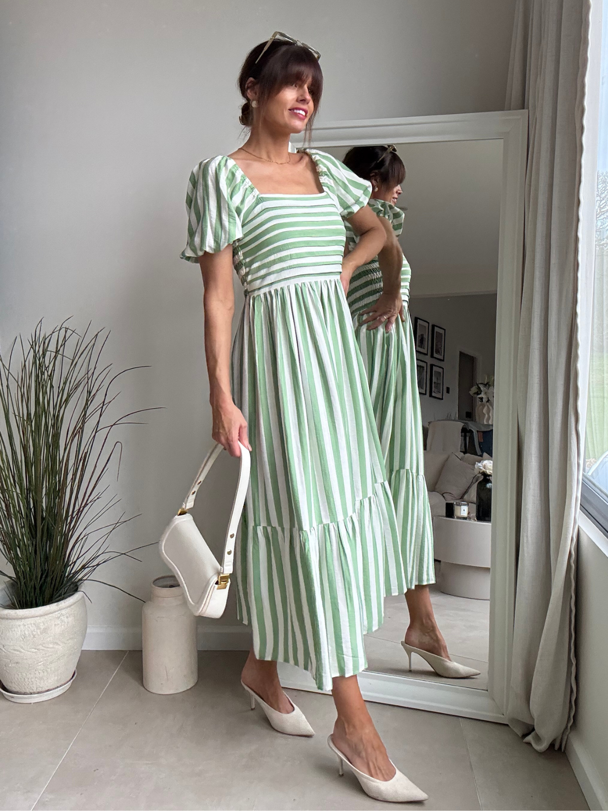 Leighton Puff Sleeve Midi Dress in Green Stripe