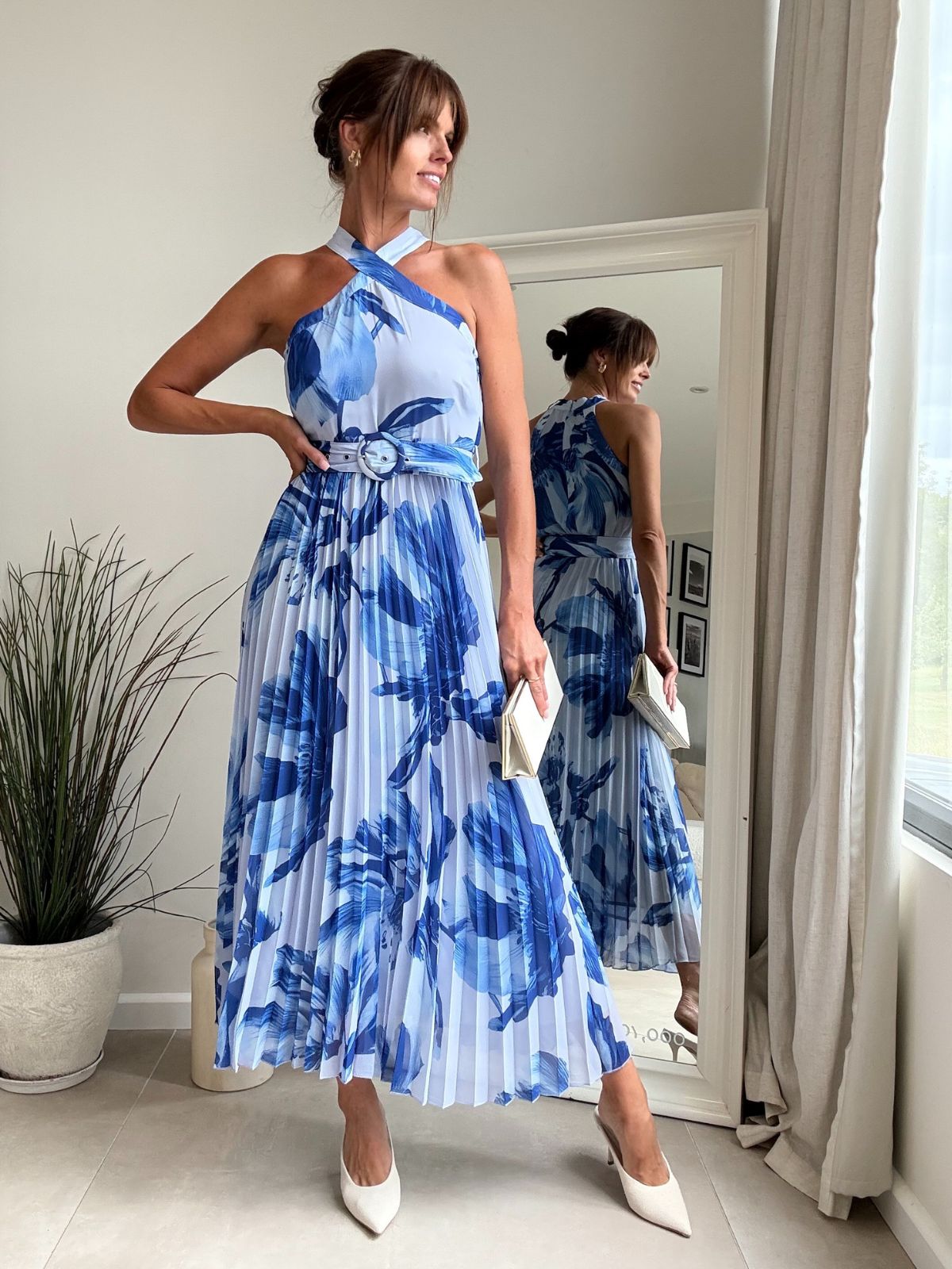 Paige Halter Pleated Belted Dress / Blue Floral