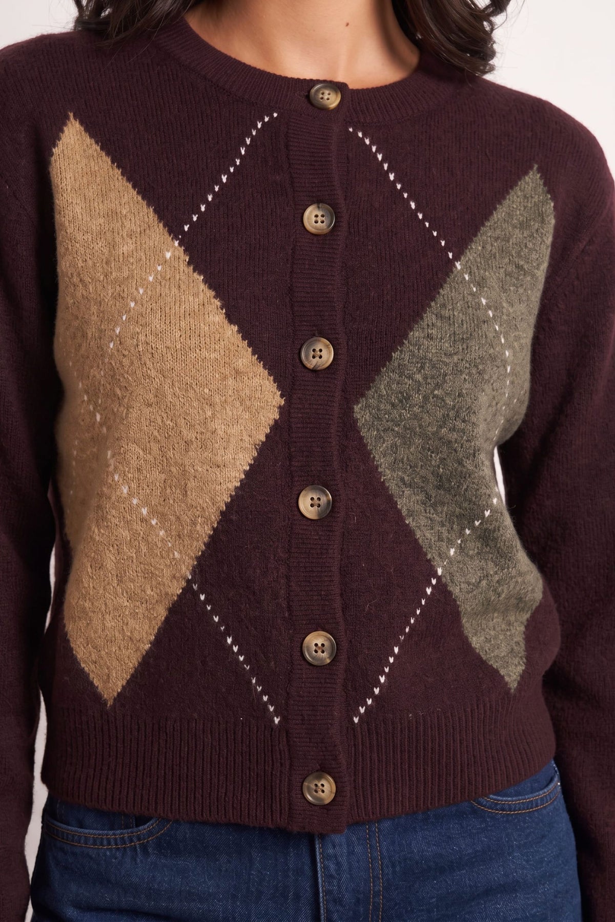 Dark Plum Argyle Knit Cardigan