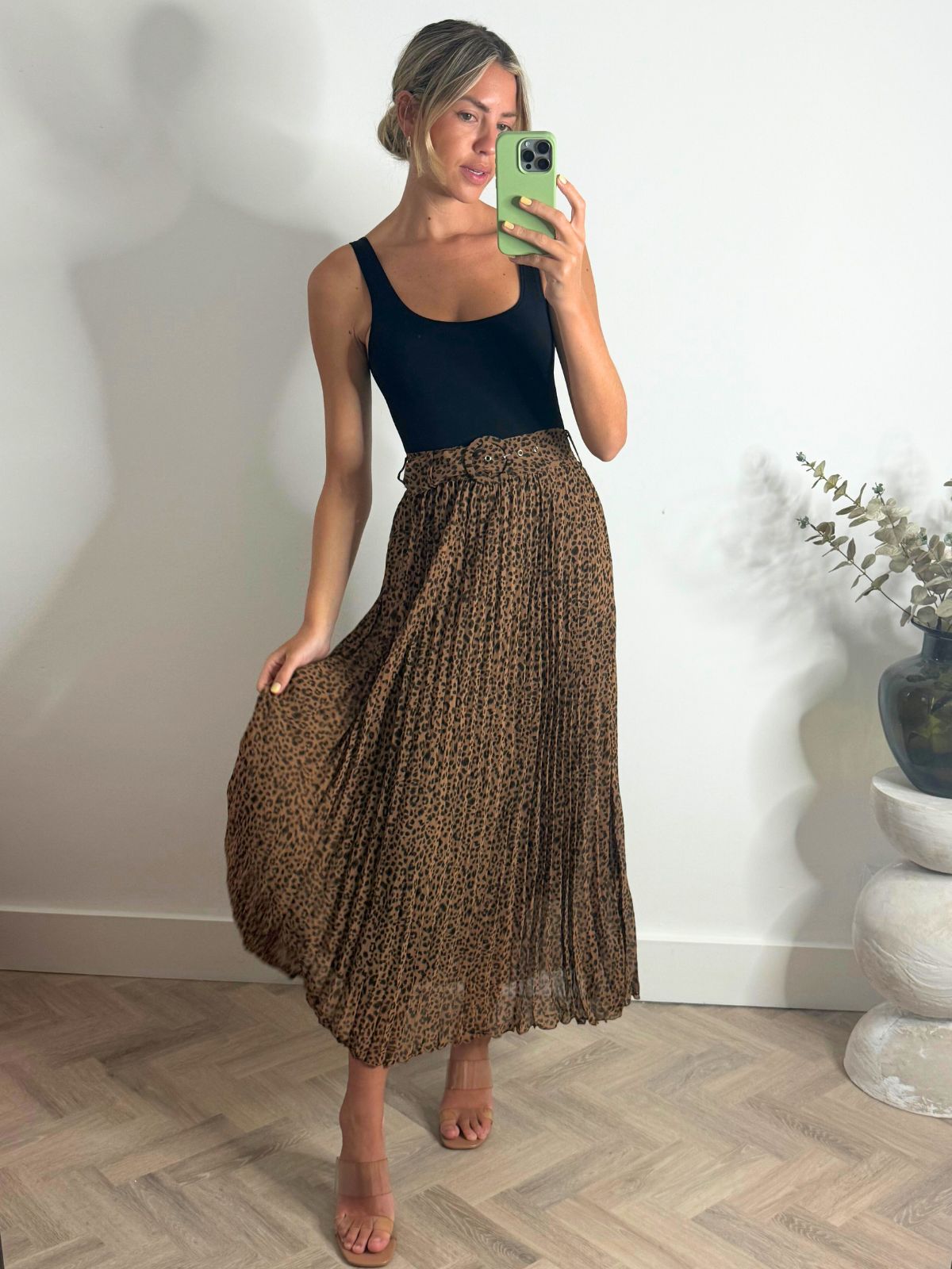 Demi Animal Pleated Belted Midi Skirt