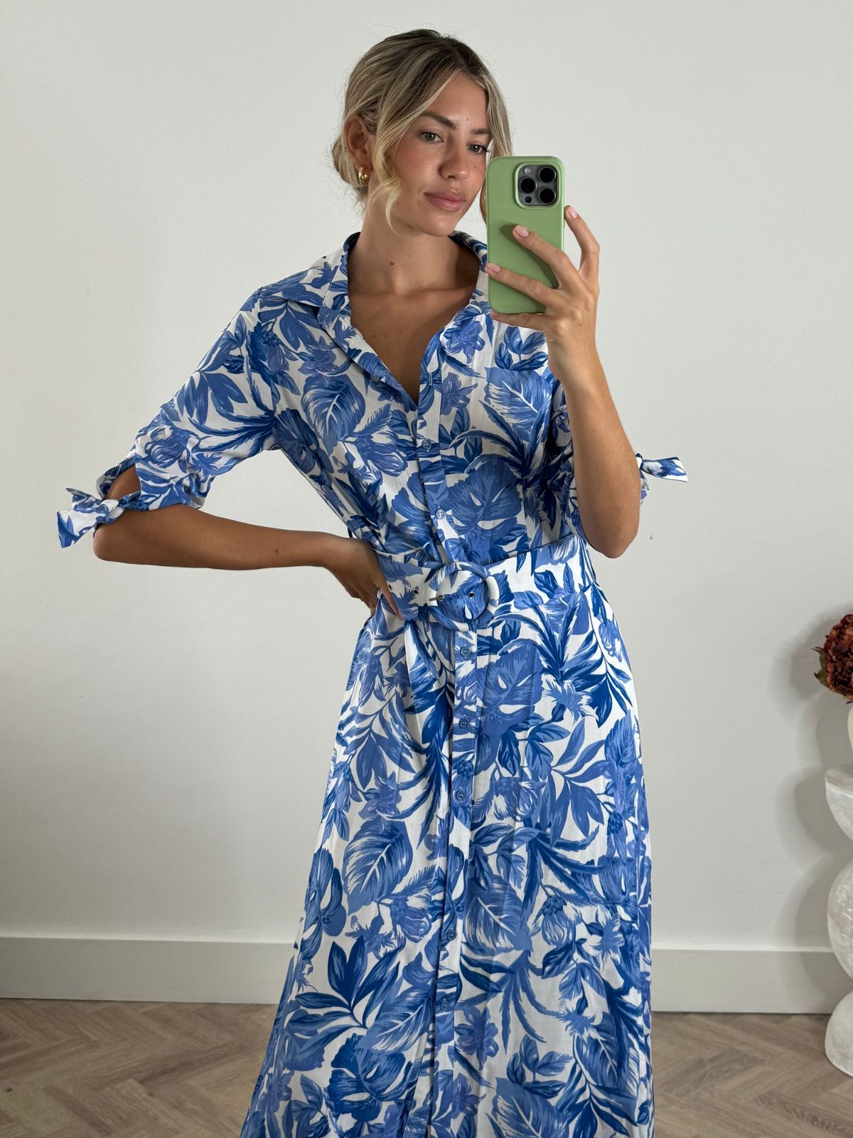 Daphne Belted Shirt Dress / Palm Print