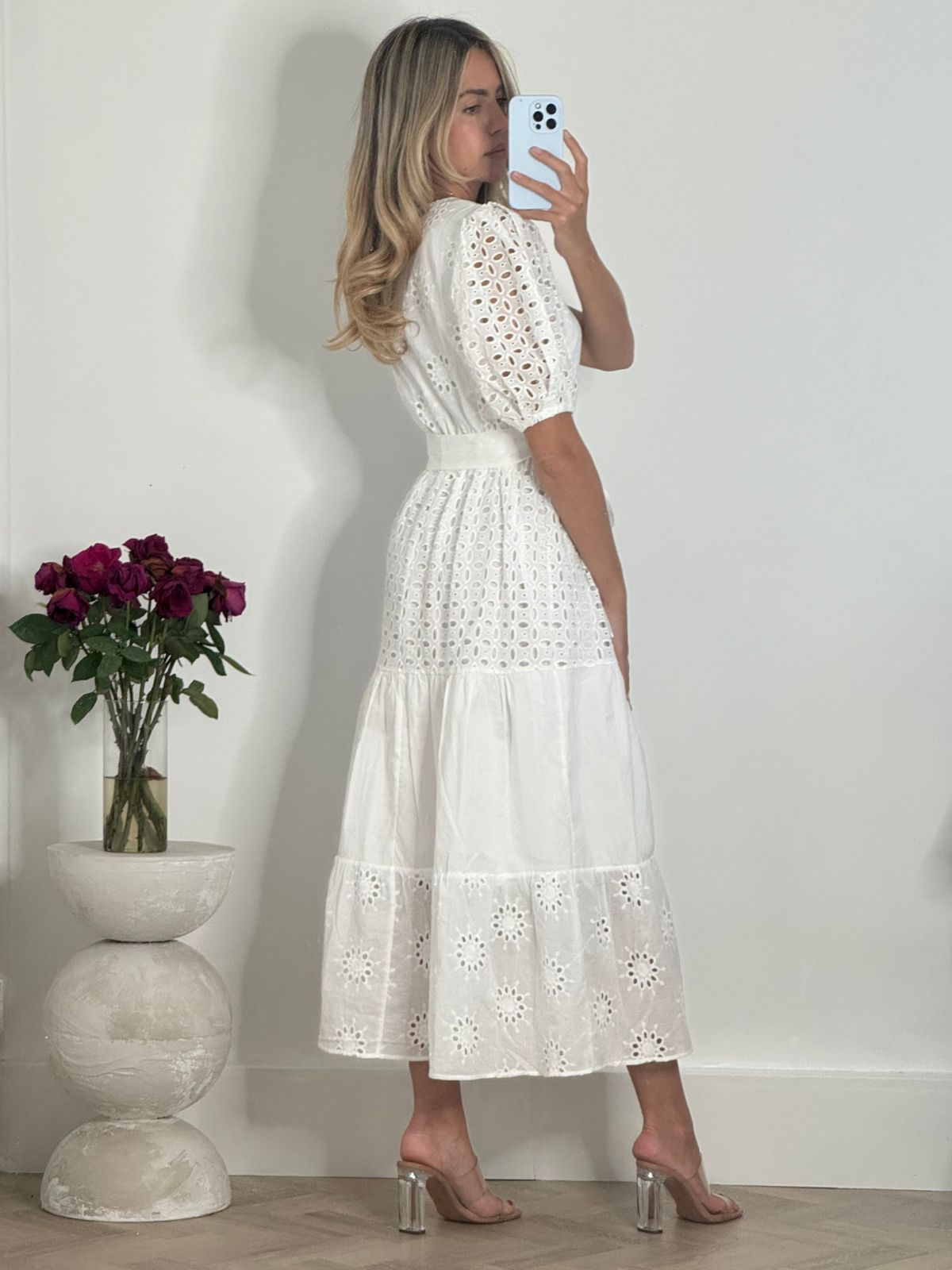 Claudia Puff Sleeve Broderie Midaxi Dress in White