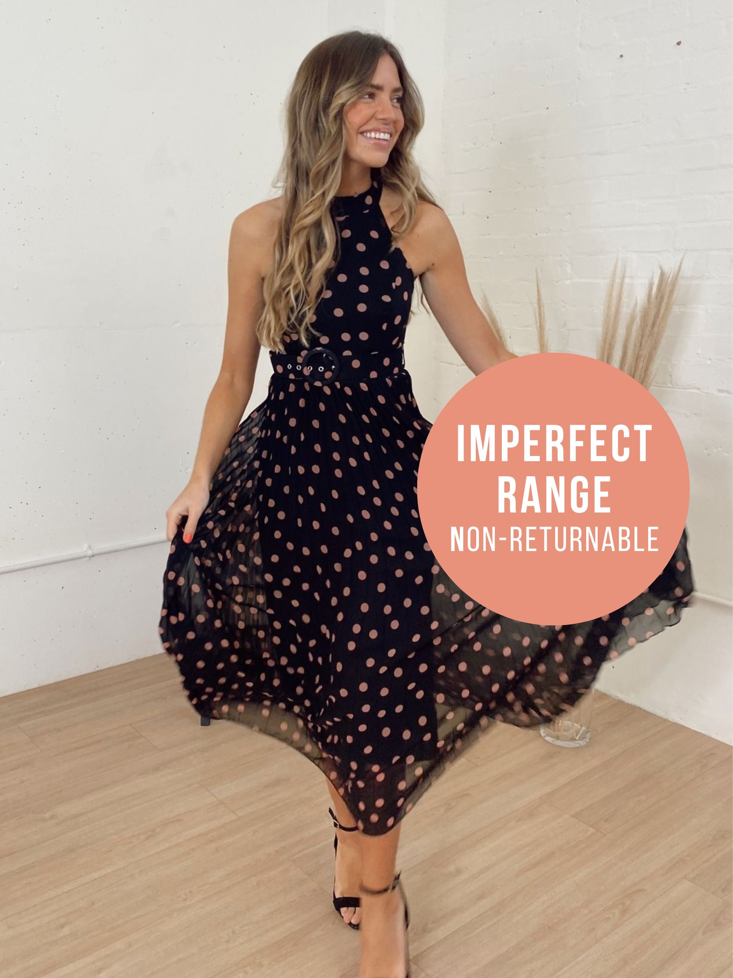 IMPERFECT Luisa Belted Pleated Maxi Dress / Black And Blush Spot Print