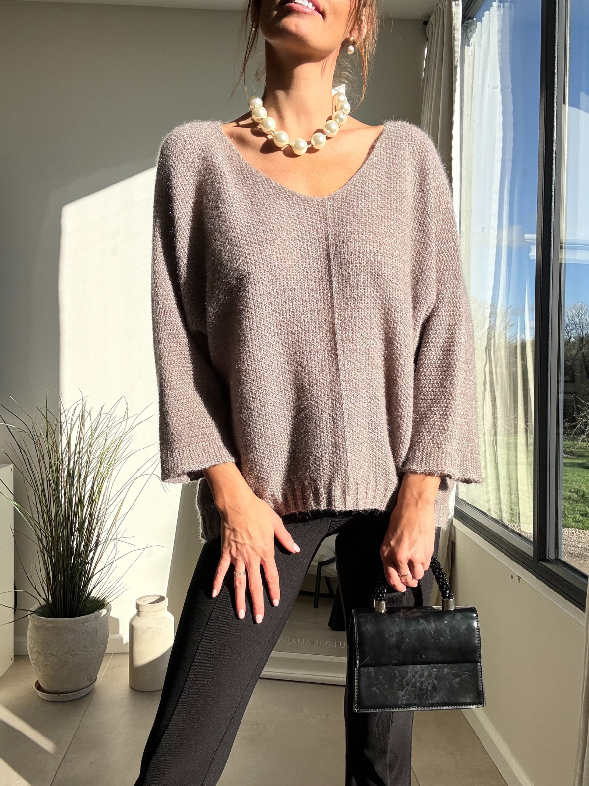 Elodie Oversized knitted V Neck Jumper / Taupe