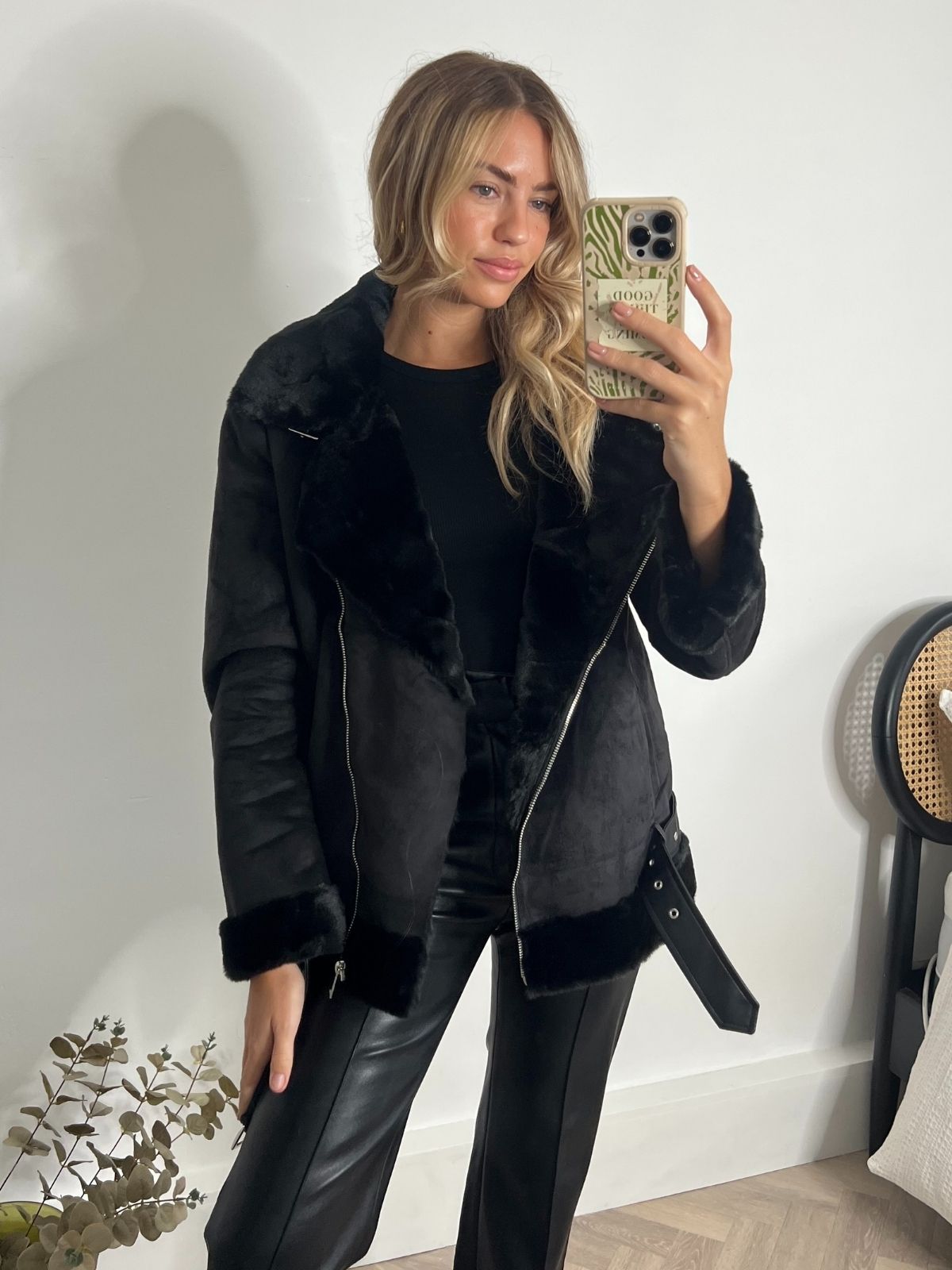 Suedette Faux Fur Aviator Jacket / Black