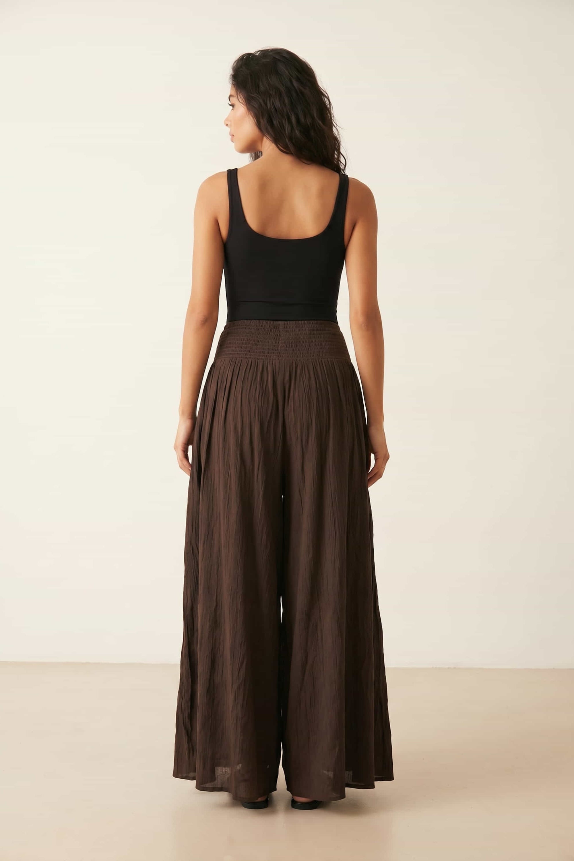 Brown Shirred Plain Trouser