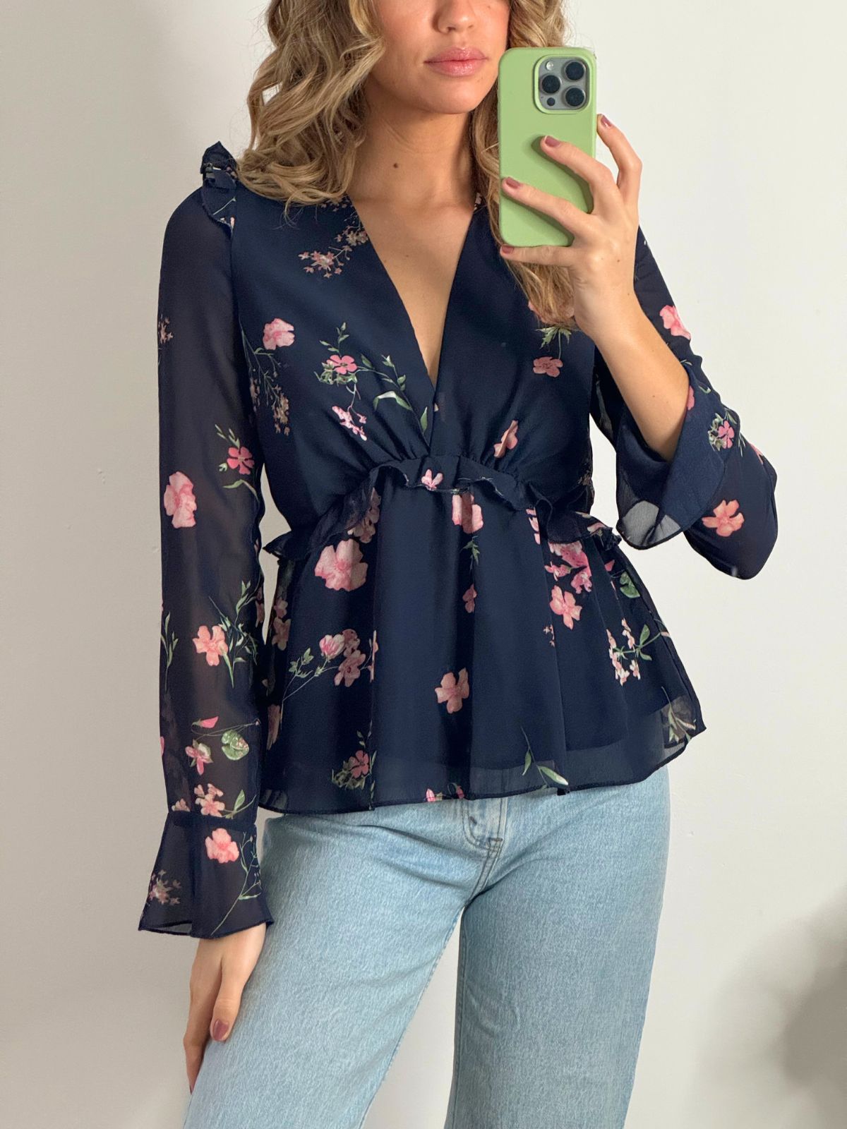 Edith Frill Blouse in Navy Floral