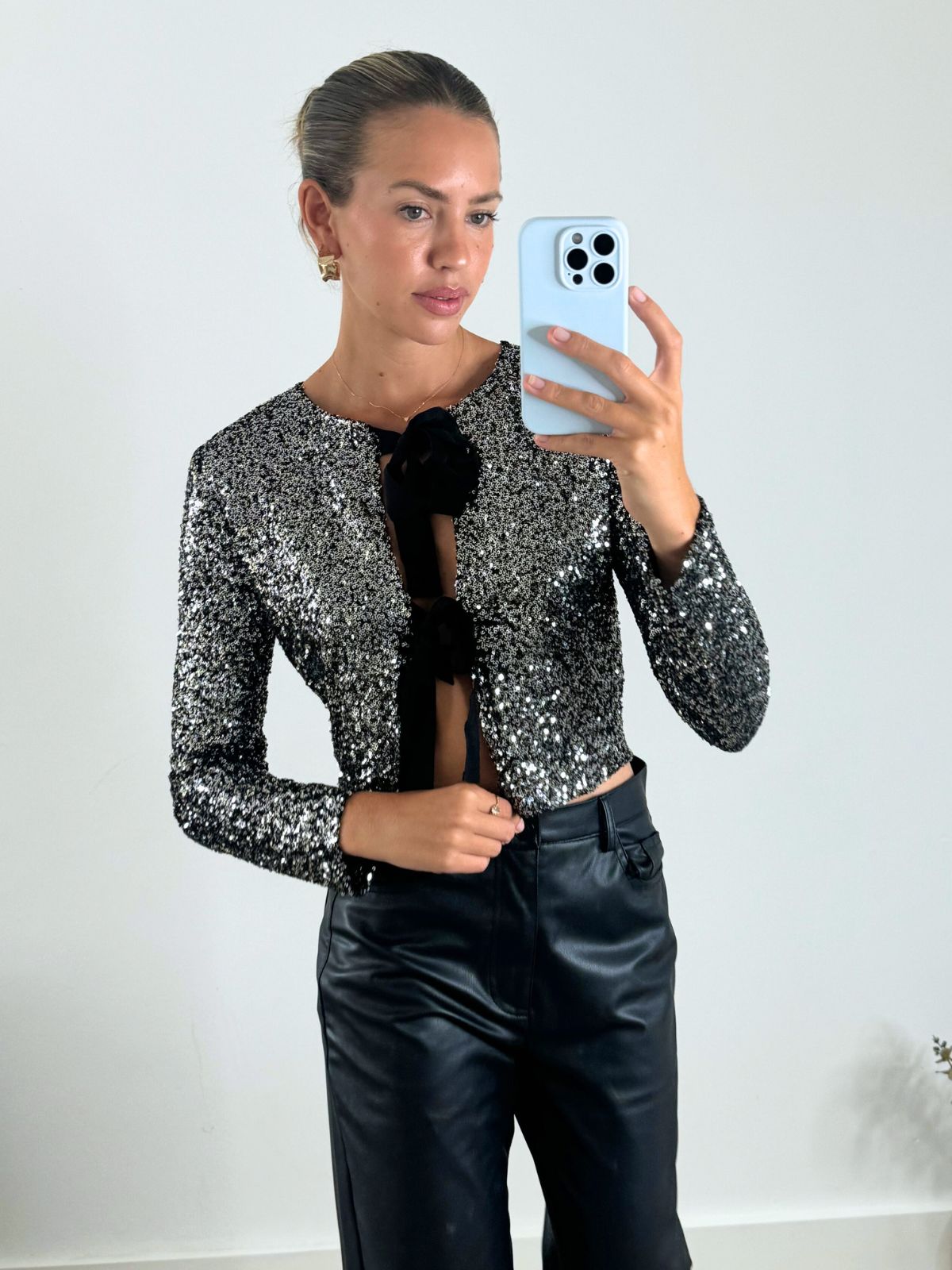 Annelise Sequin Bow Tie Top in Silver & Black