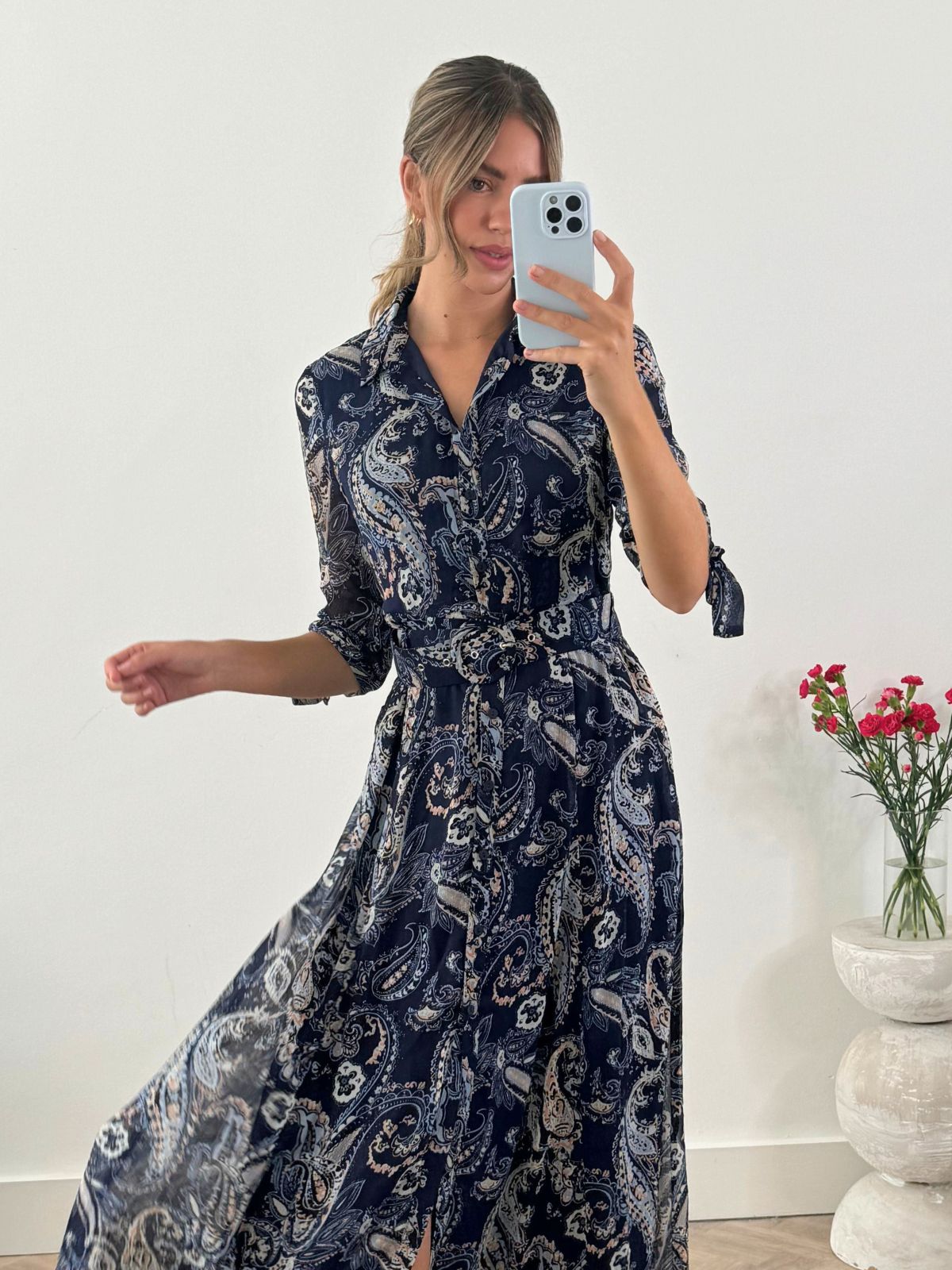 Daphne Belted Shirt Dress / Blue Paisley