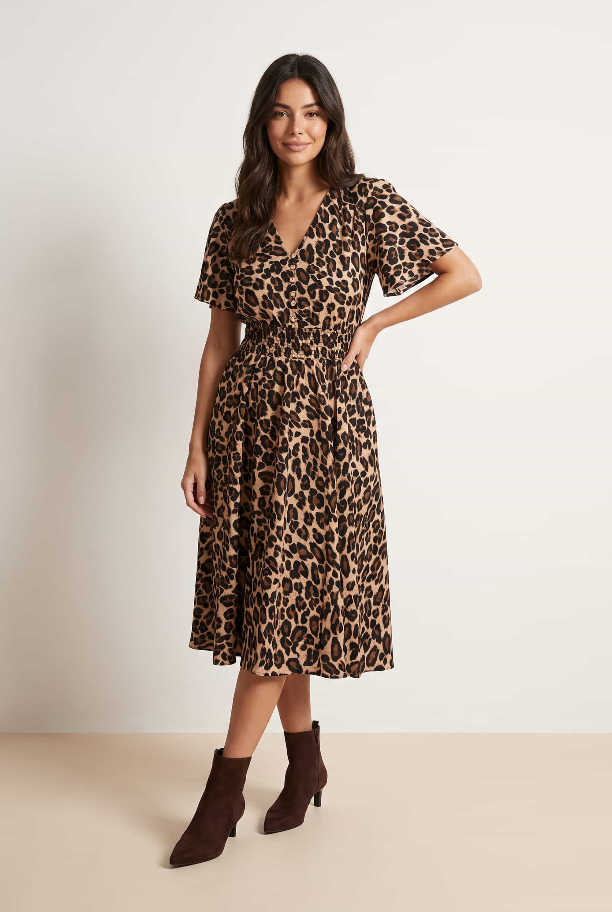 Brown Animal V Neck Mini Dress