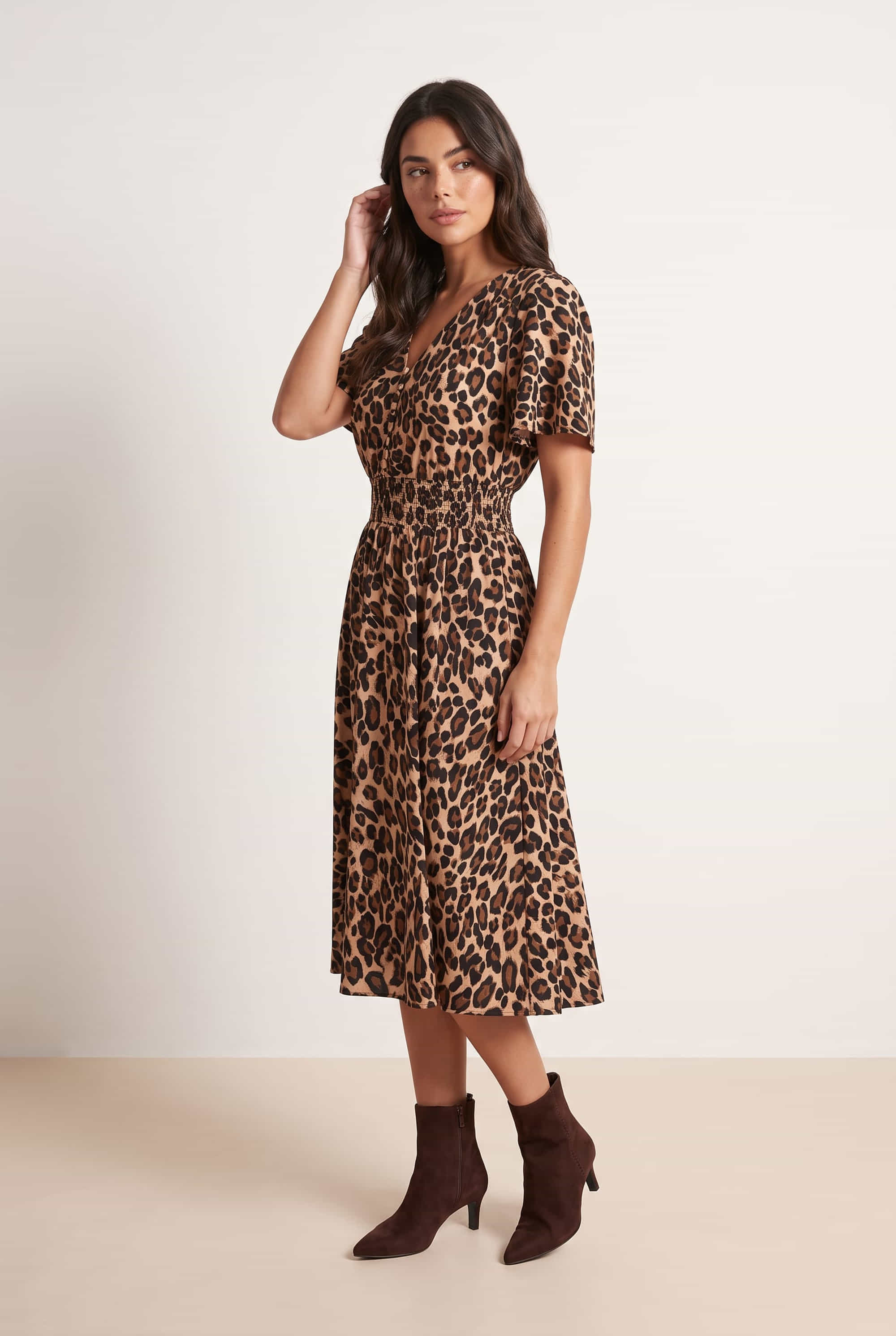 Brown Animal V Neck Mini Dress