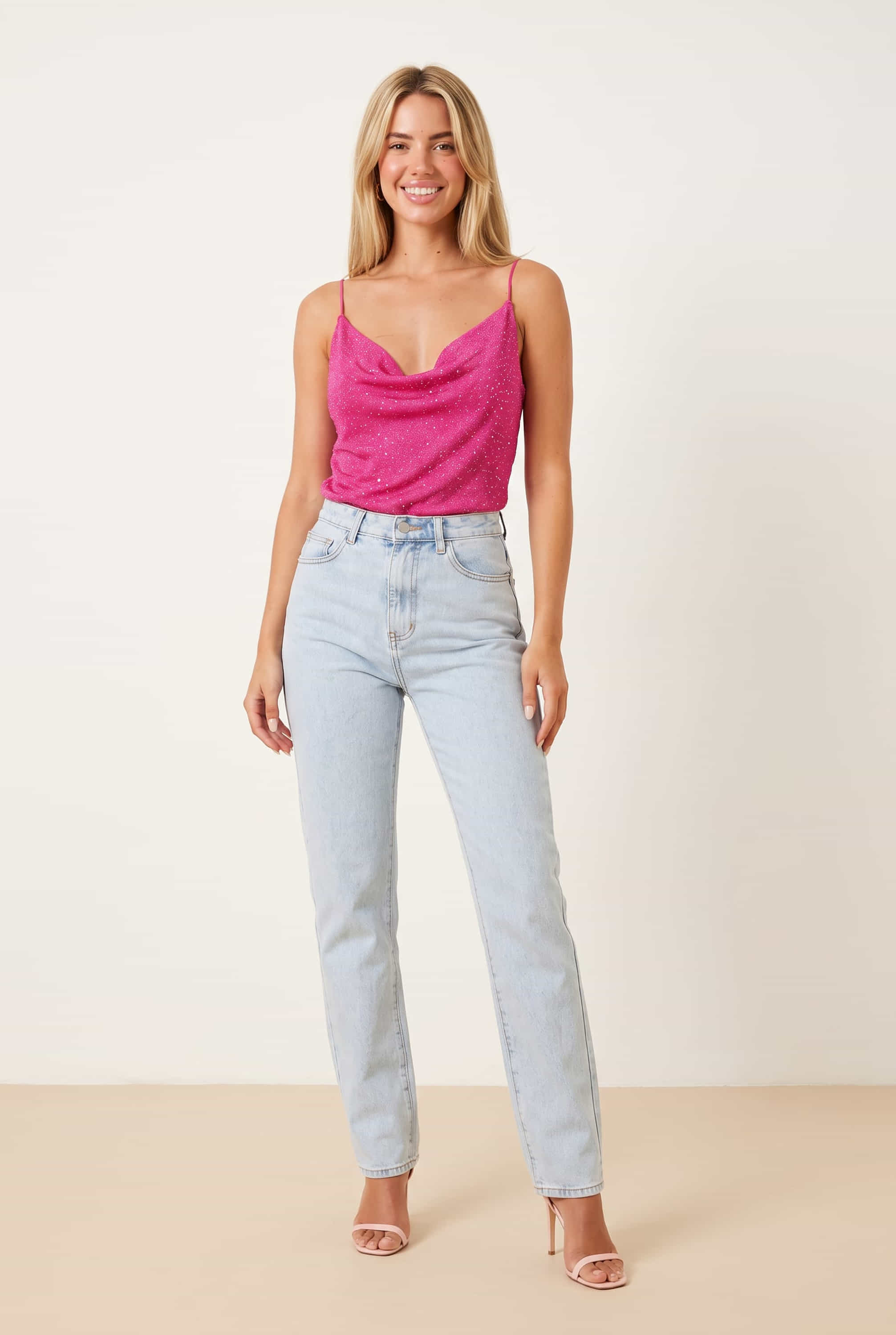 Astra Knitted Hot Fix Cowl Neck Top / Pink