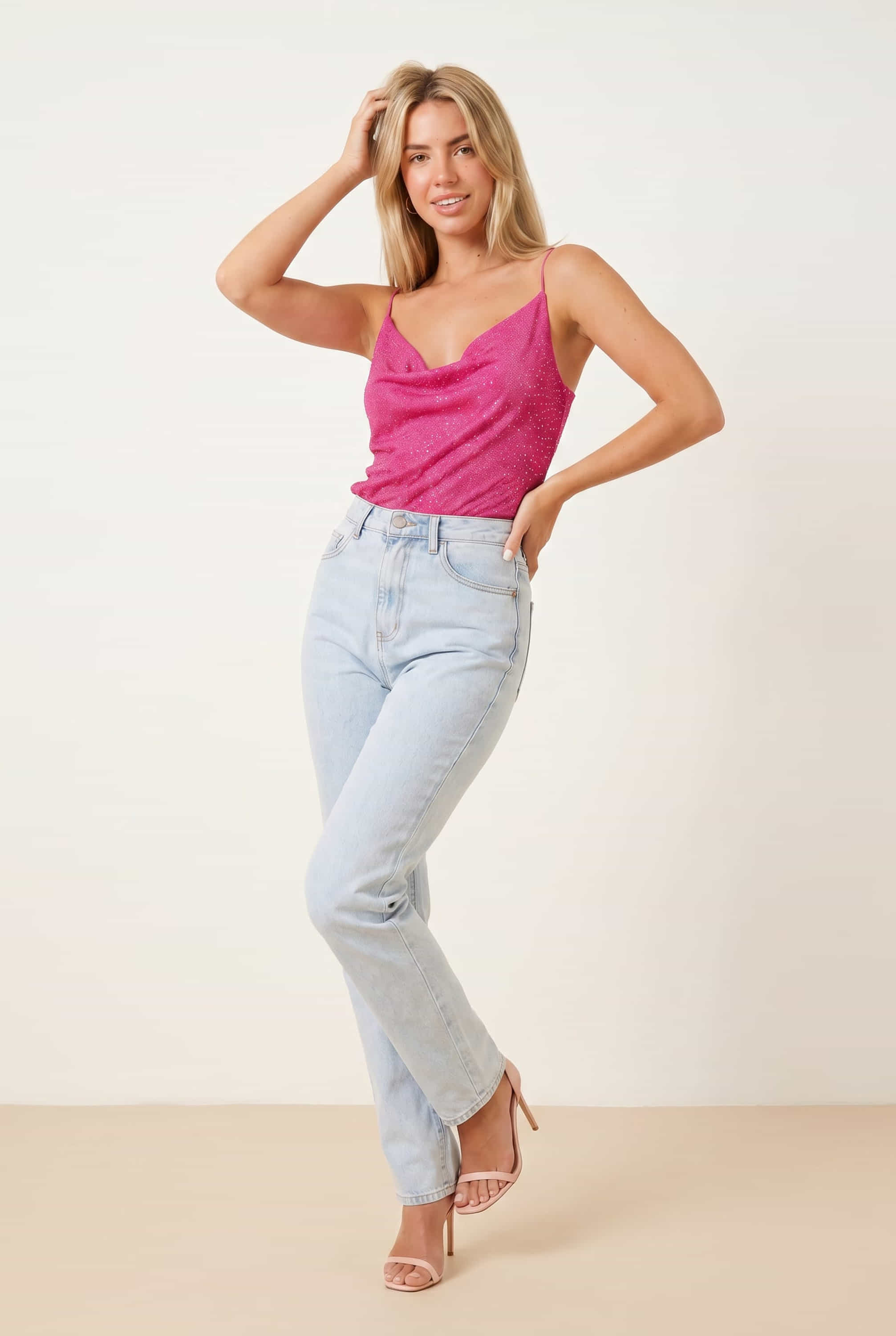 Astra Knitted Hot Fix Cowl Neck Top / Pink
