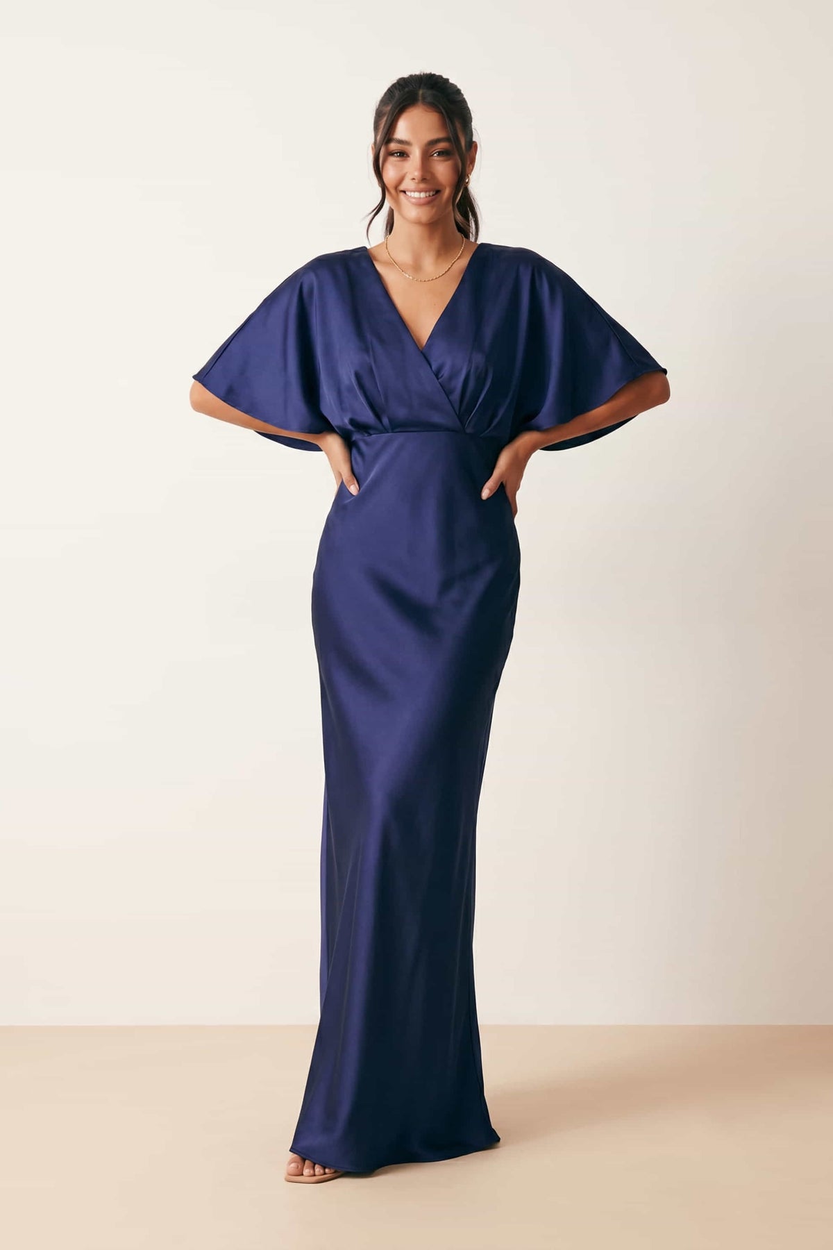 Angel Sleeve Maxi Satin Dress / Navy