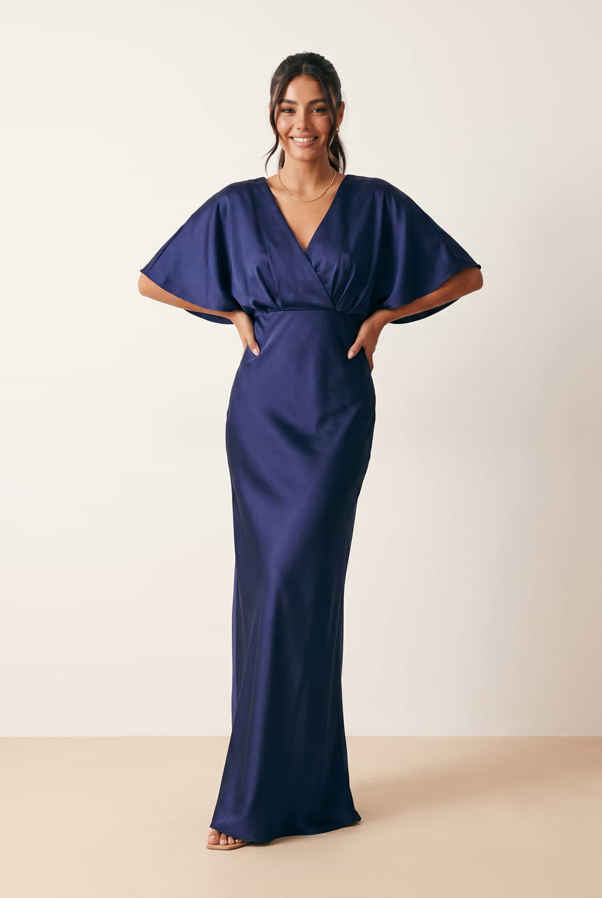 Angel Sleeve Maxi Satin Dress / Navy