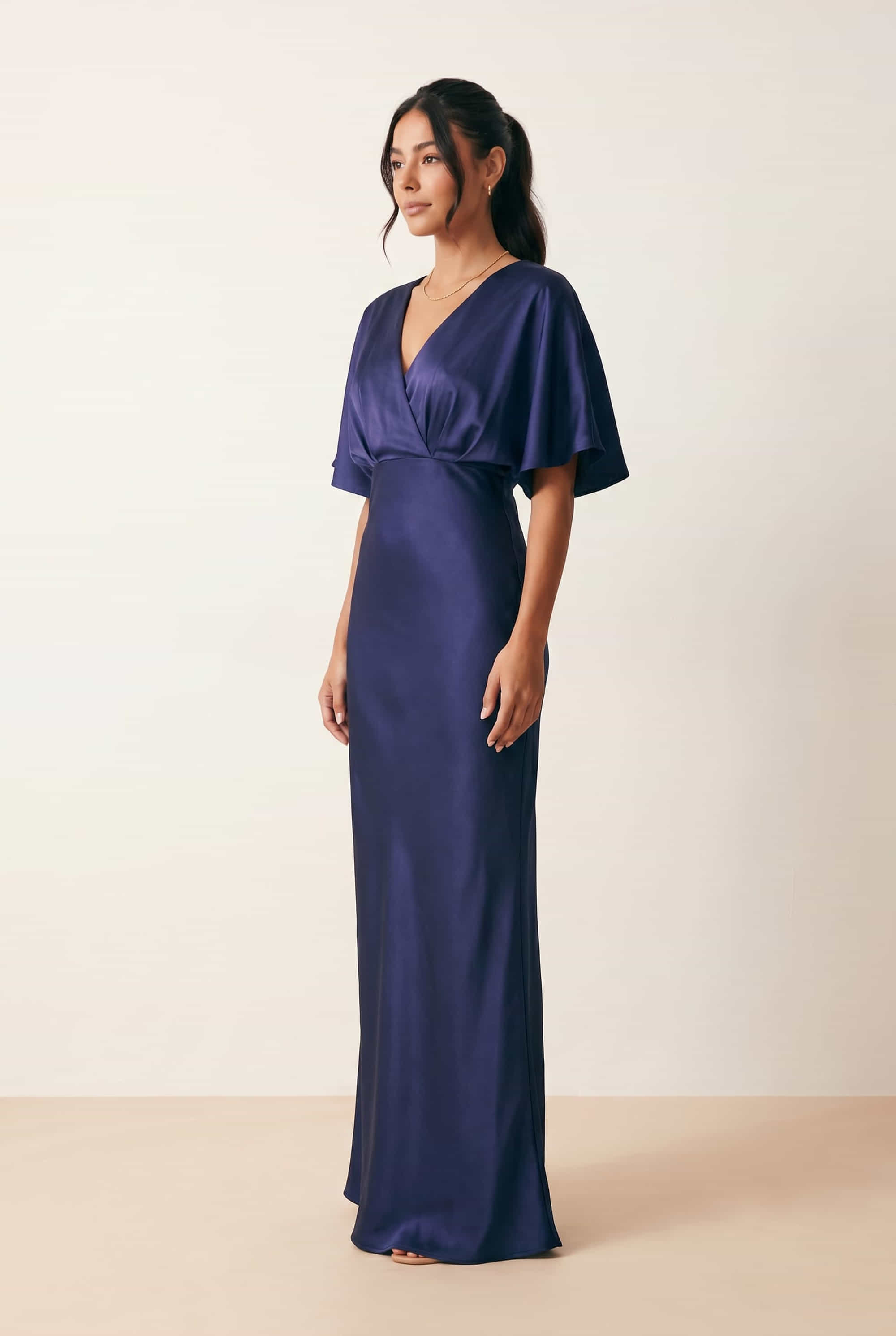 Angel Sleeve Maxi Satin Dress / Navy