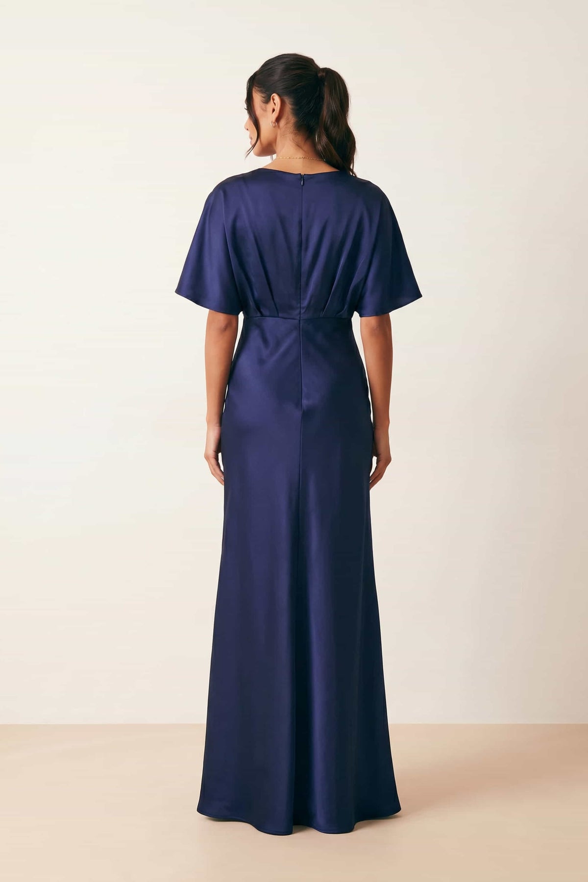 Angel Sleeve Maxi Satin Dress / Navy