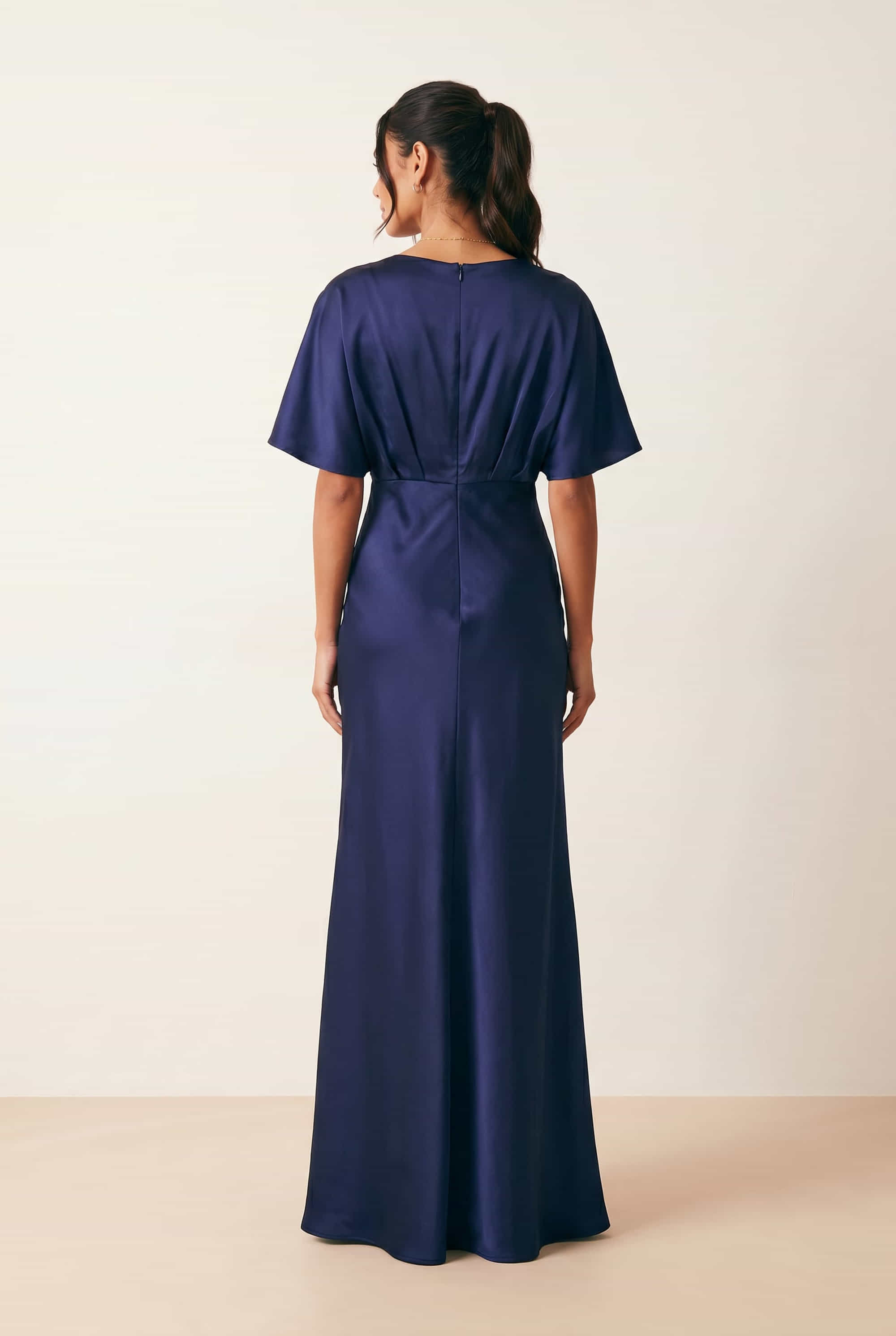 Angel Sleeve Maxi Satin Dress / Navy