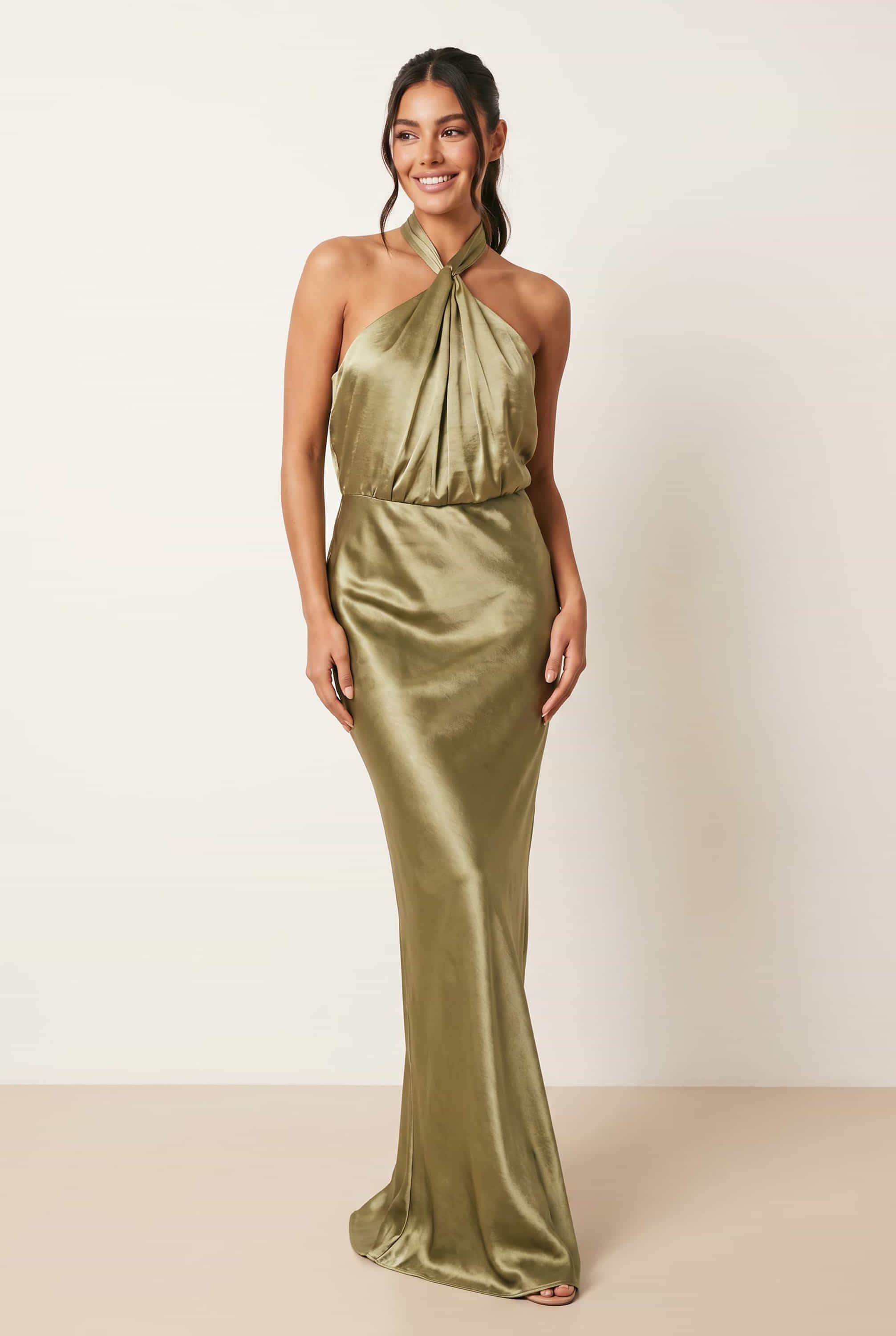 Twist Neck Satin Maxi Dress / Olive Green