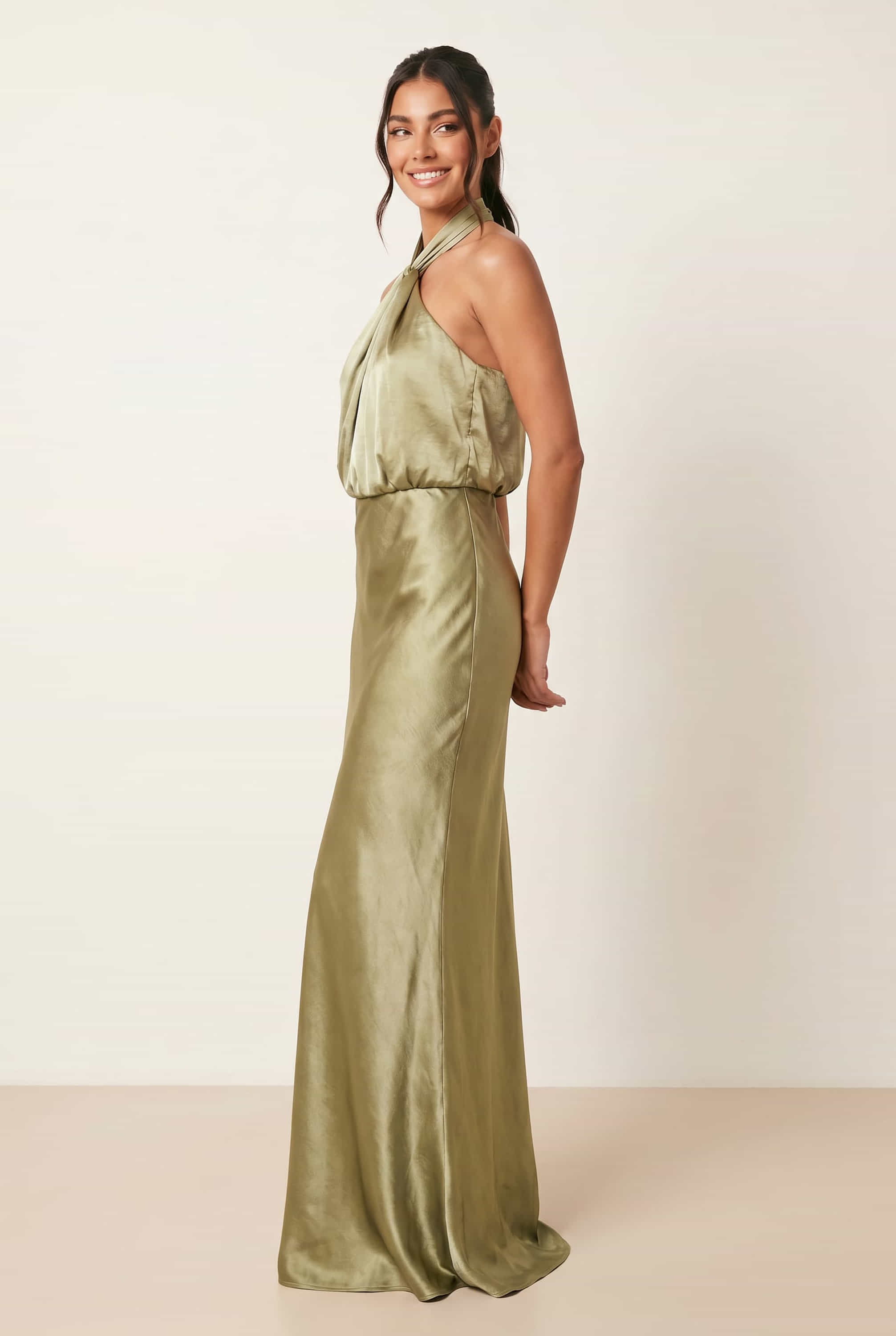 Twist Neck Satin Maxi Dress / Olive Green