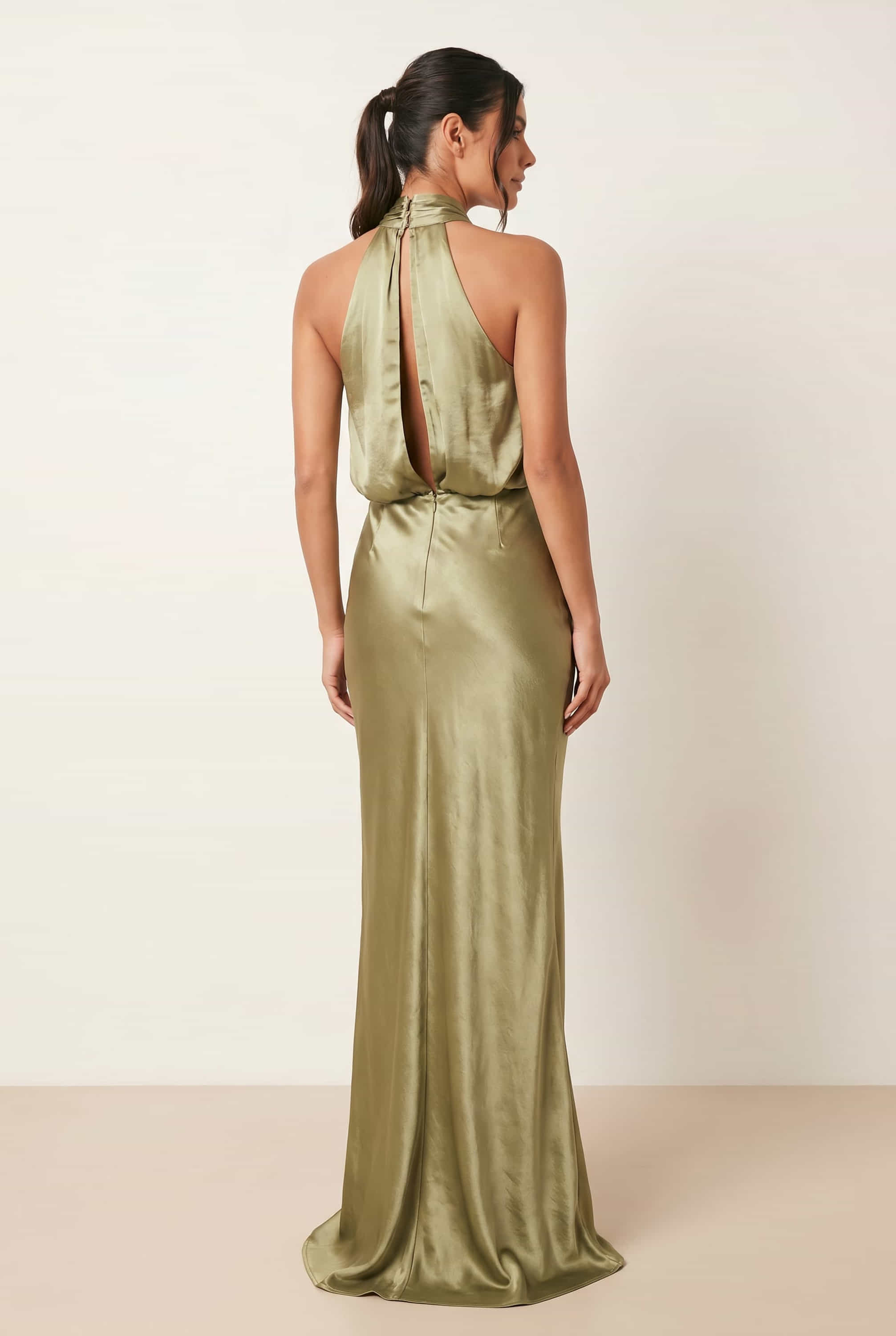 Twist Neck Satin Maxi Dress / Olive Green