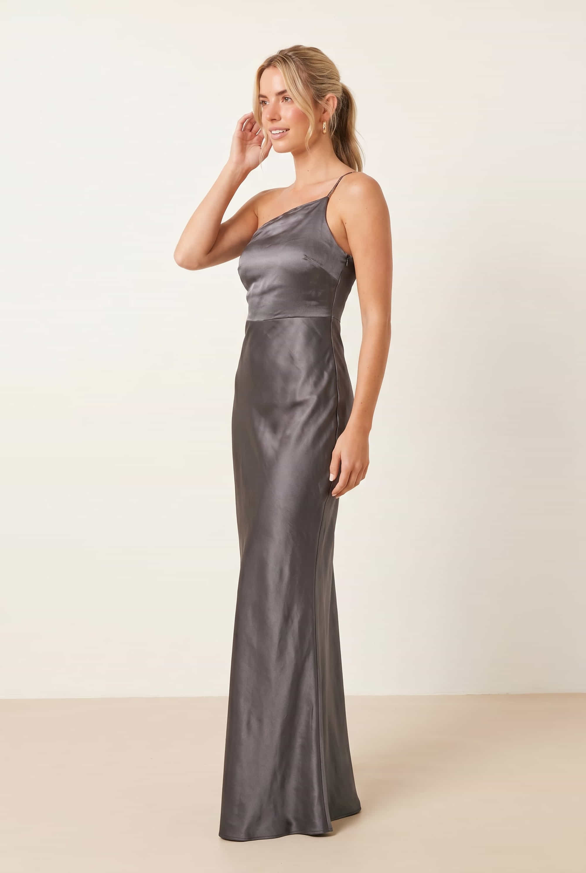 Asymmetric Diamante Strap Satin Dress / Slate Grey