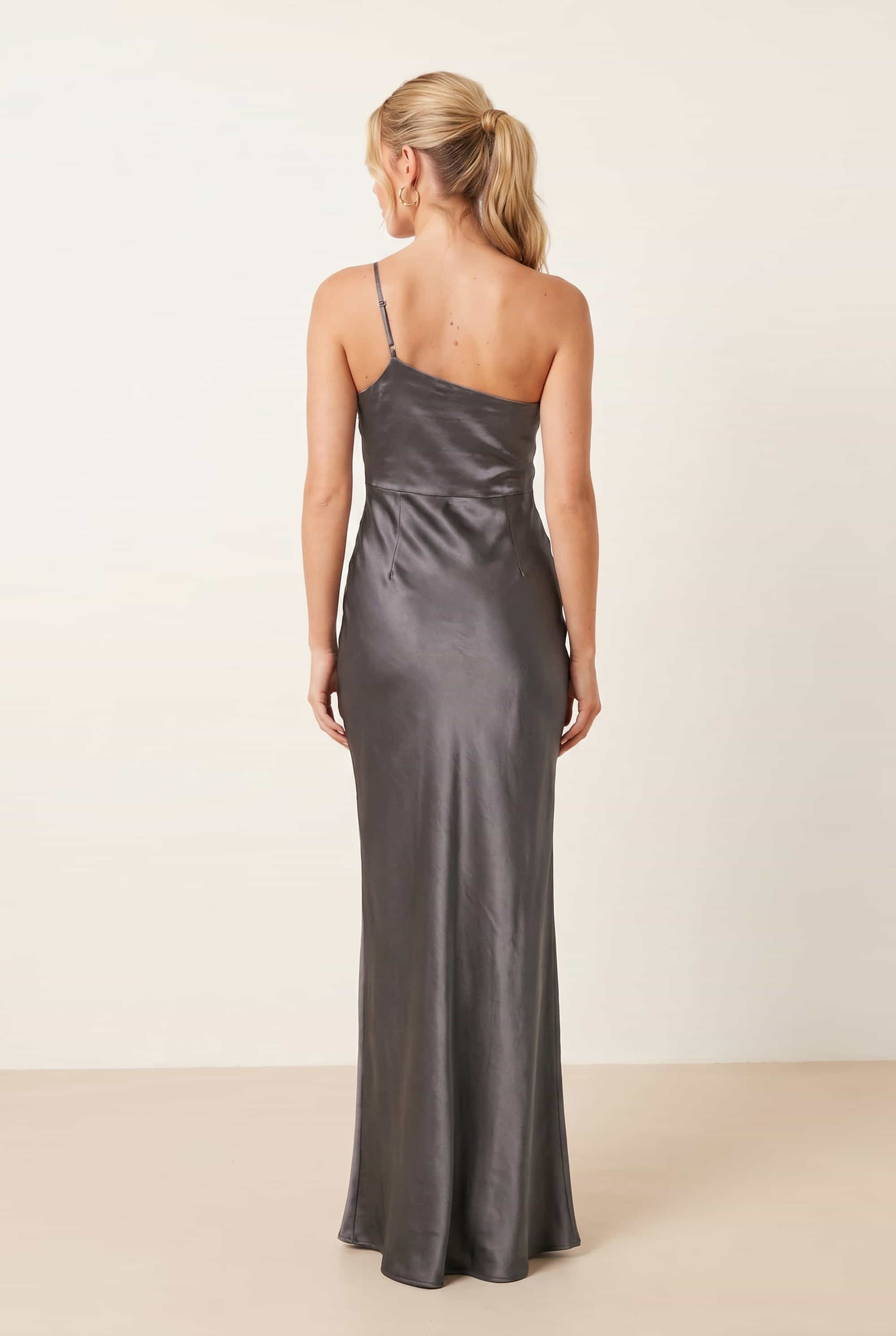 Asymmetric Diamante Strap Satin Dress / Slate Grey