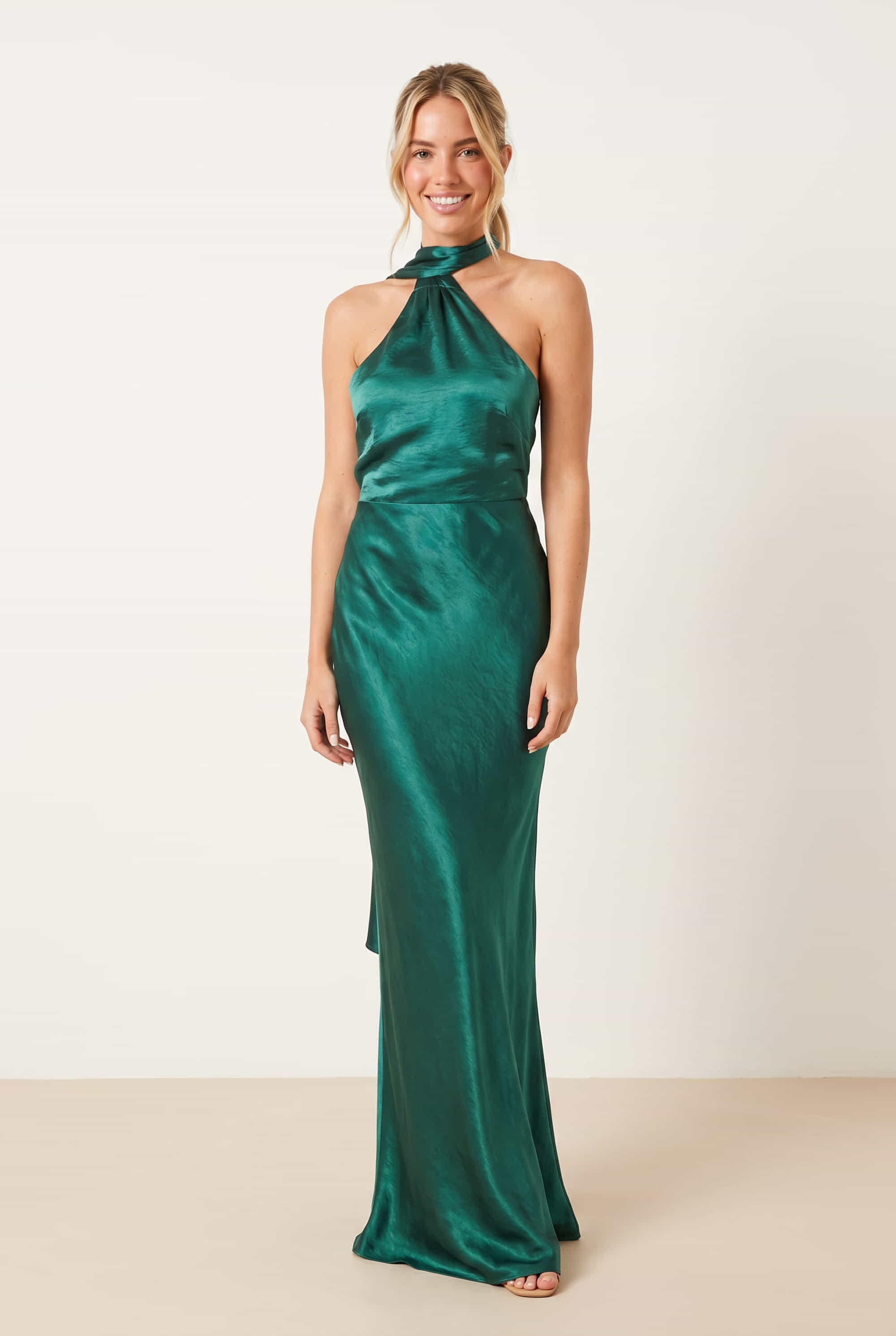 Asymmetric Scarf Satin Maxi Dress / Emerald Green