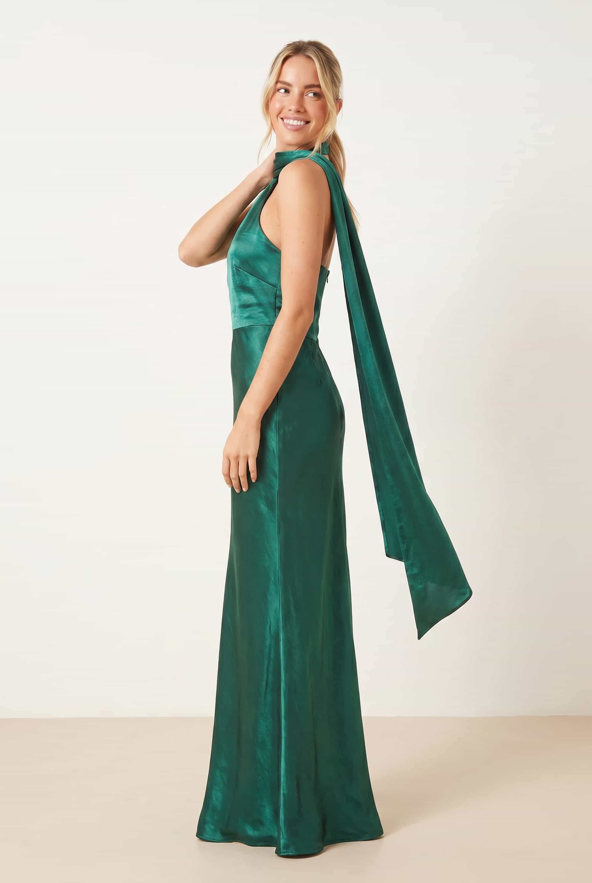 Asymmetric Scarf Satin Maxi Dress / Emerald Green