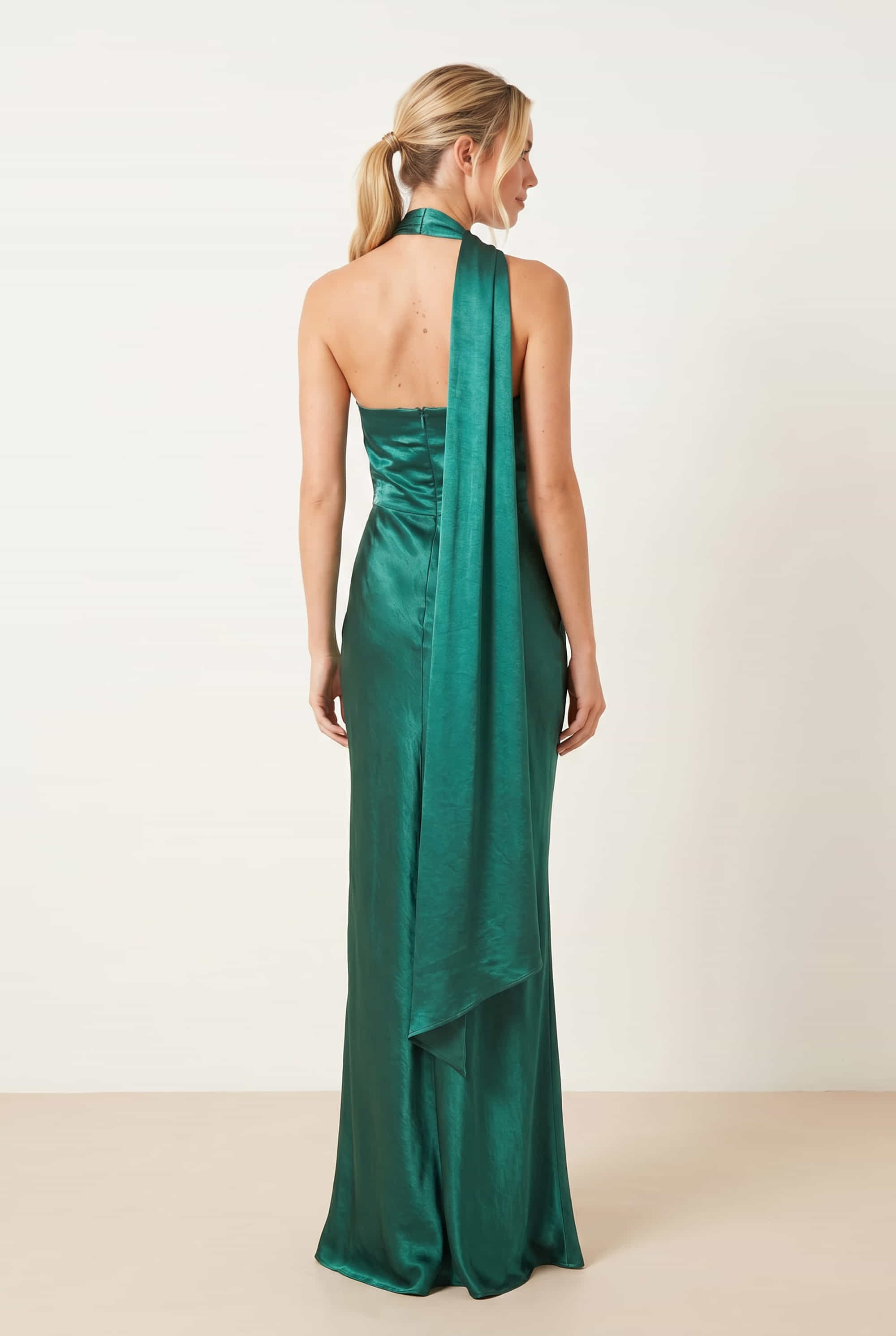 Asymmetric Scarf Satin Maxi Dress / Emerald Green